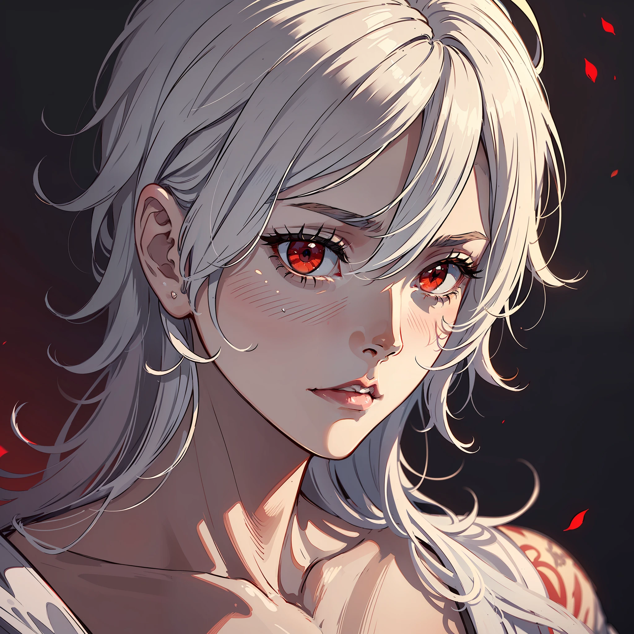 (((((best quality))), an extremely delicate and beautiful),portrait,(1 man),white hair,red eyes, melancholic expression, high details, dramatic lighting, dark background)