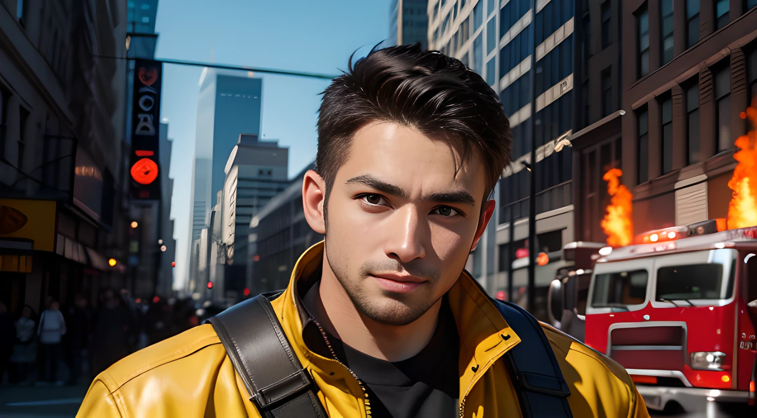 (head shot), (only face), (one male black gay handsome muscular firefighter in his 30s), one black handsome muscular male firefighter in his 30's in New York City, He wears yellow protective coats、 (yellow helmets), fire, (red fire truck) and New York skyscrapers in the background, He resembles Chris Redfield from Resident Evil, Mischievous smile, (detaile: 1 in 1), Natural muscles, HIG quality, Beautiful eyes, (Detailed face and eyes), (Face、: 1 / 2), Noise, Real Photographics、... ....................................PSD, Sharp Focus, High resolution 8K, realisitic & Professional Photography, 8K UHD, Soft lighting, High Quality, Film grain, FUJI XT3