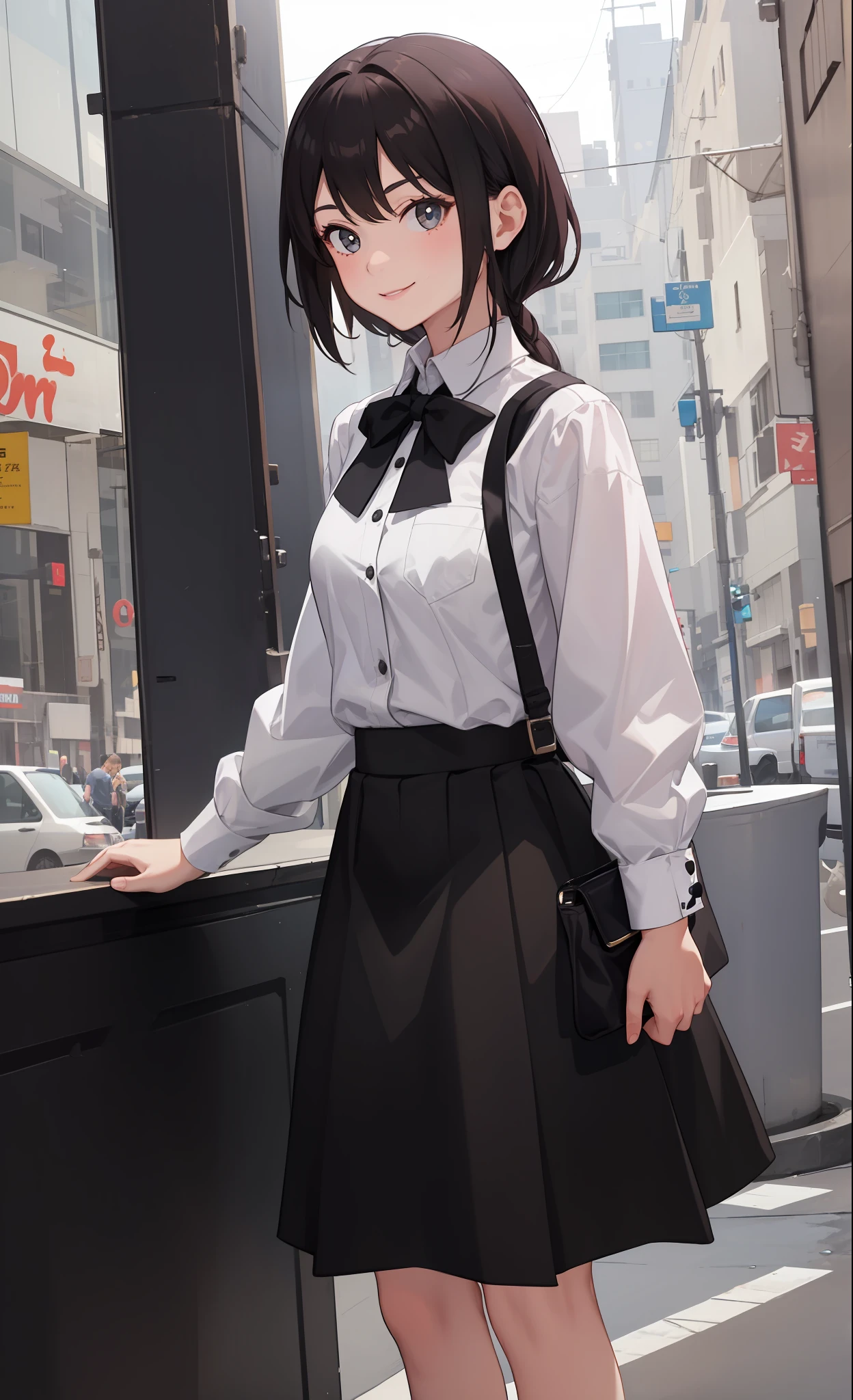 1 girl, smile, shirt, skirt, (small) chiralism,