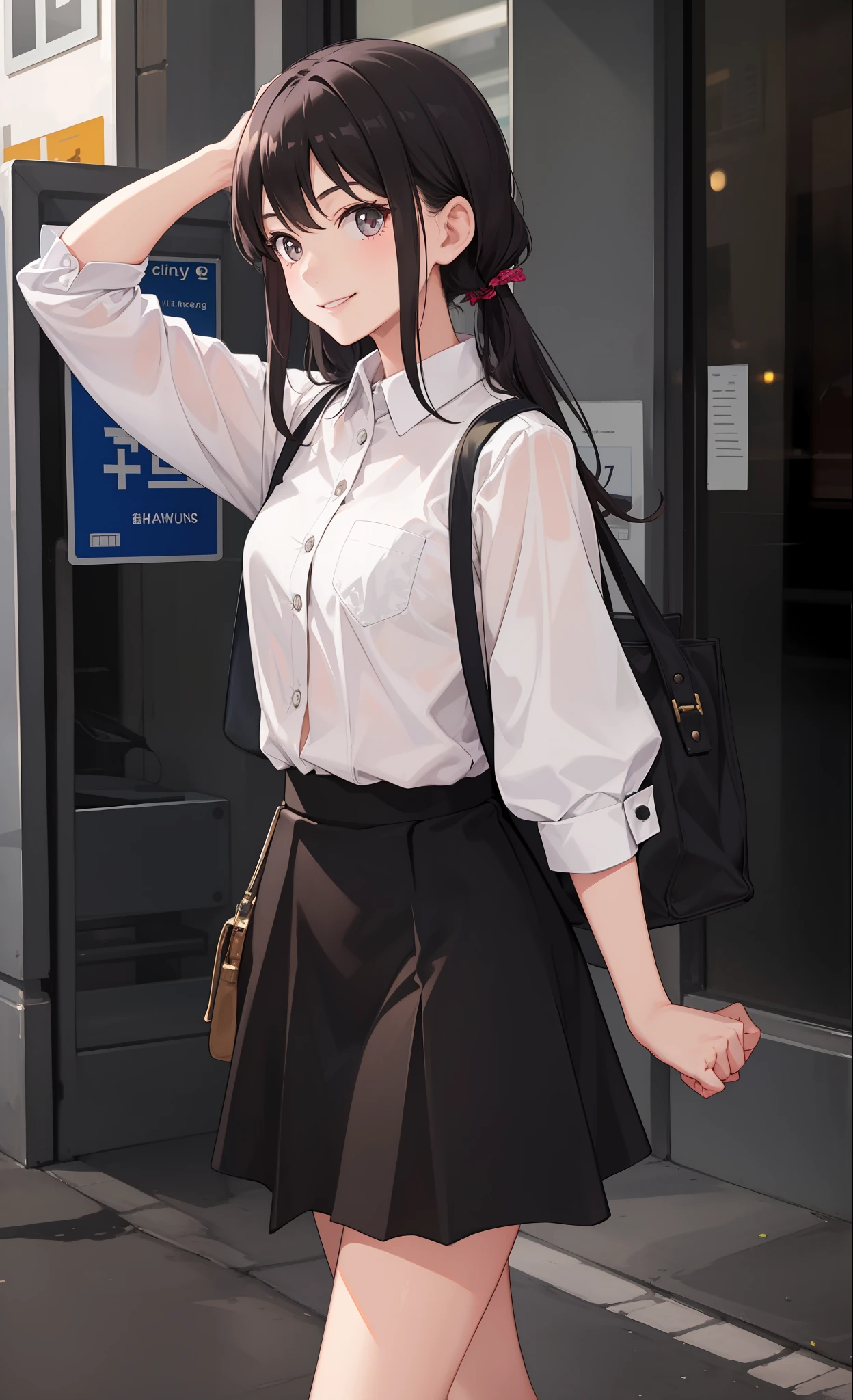 1 girl, smile, shirt, skirt, (small) chiralism,