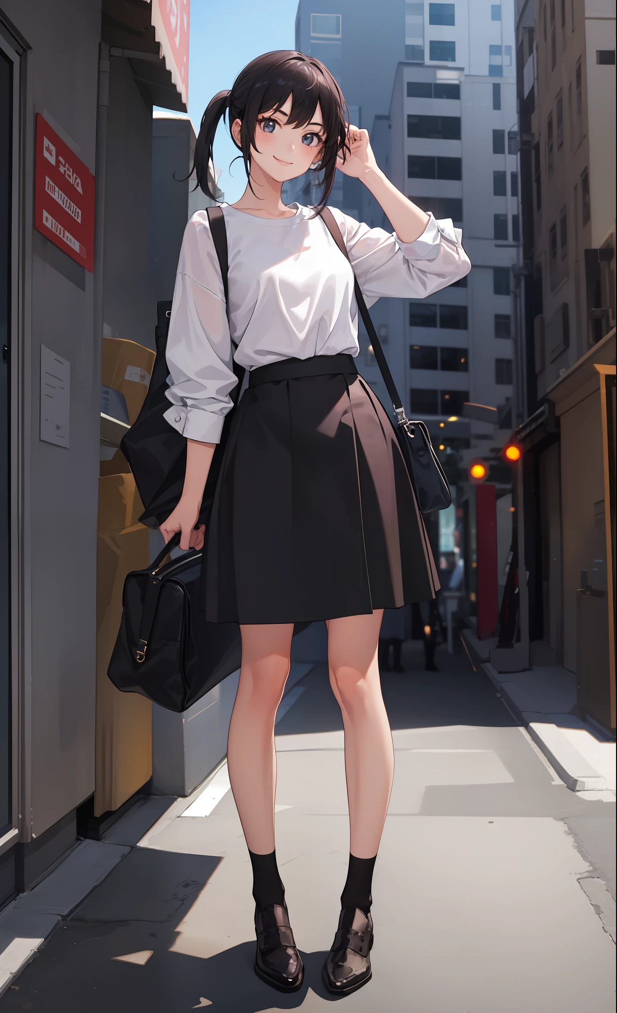 1 girl, smile, shirt, skirt, (small) chiralism,