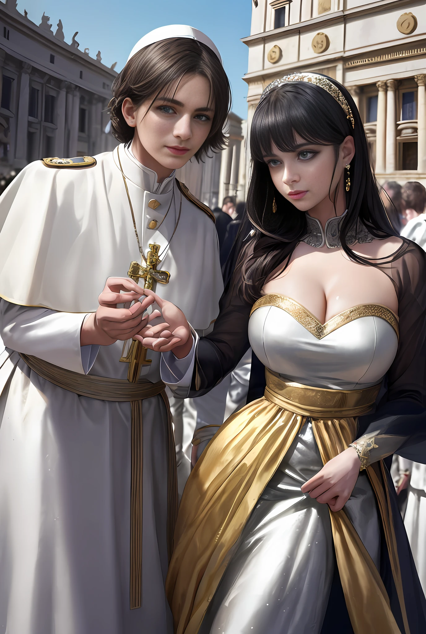 (巨作, Best quality, Realistic),
1girl huge large breasts,(on the St. Peter's Square of Vatican,crowd of), st. Peter's Square of Vatican background,gypsy dress,(Princess Eyes,shiny pupils),Dancing,  Gold, banquet, crowd of, picking up skirt,
[Slight smile],