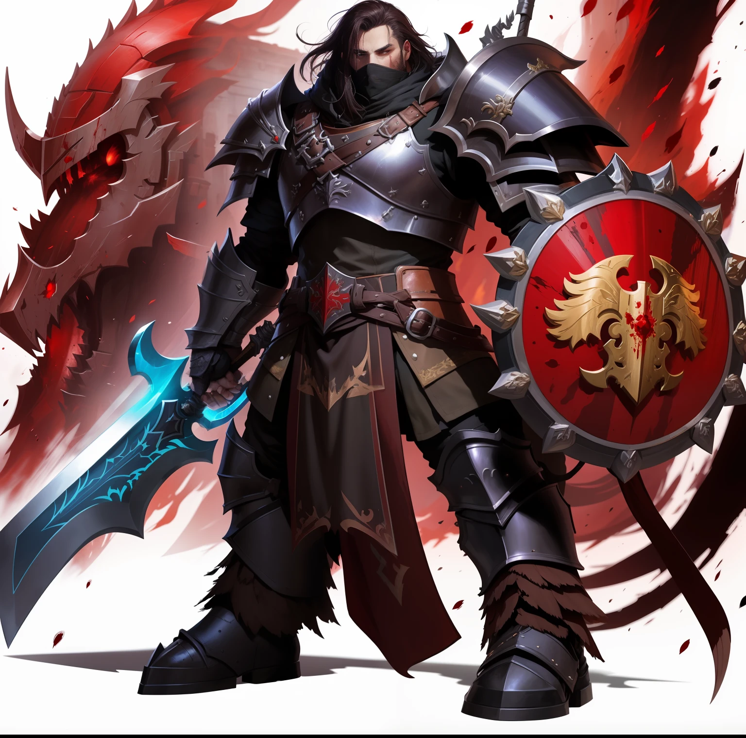 a man in armor holding a sword and a shield, black and reddish color armor, grimdark paladin, blood knight, guildwar artwork, ares with heavy armor and sword, black and red armor, epic paladin armor, blood red armor, picture of an adult male warrior, anthropomorphic raven knight, warrior dnd character, fantasy paladin