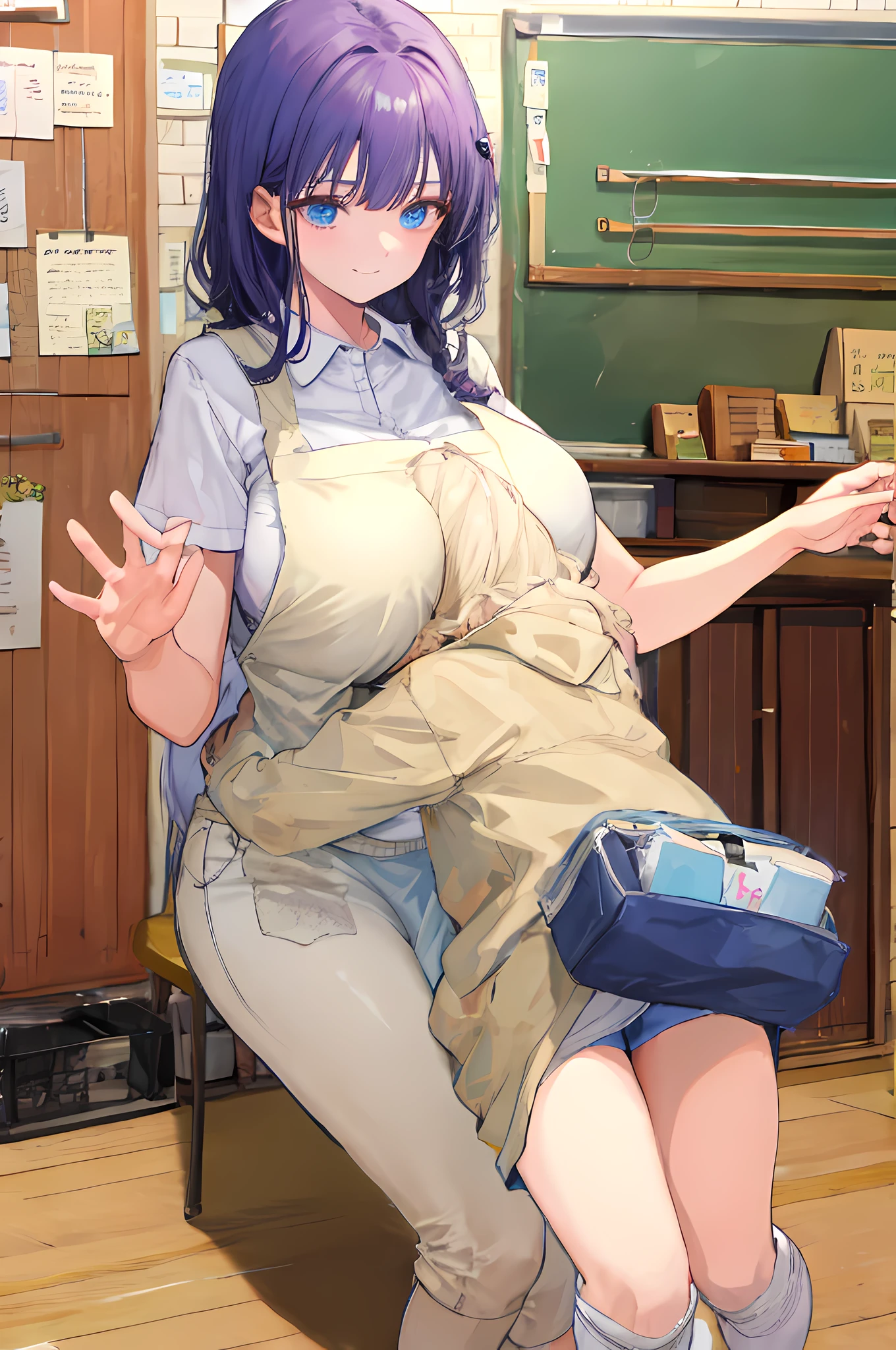 Realistic, Masterpiece, Top Quality, (Detailed Eyes), young Girl,  Full Body, Huge breast, open chest shirt, without wearing a bra, shy,  teacher, apron, half smile