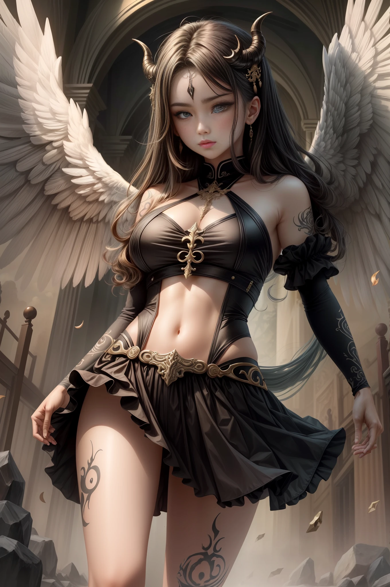 （（best quailty）），（（​masterpiece）），（A detailed），1girl huge large breasts，独奏，fullllbody，Daemons：0.5，An angel：0.5，demonic：0.5，angelic halo，devil horns：1.5，An angel_Wings：0.5 and Daemon_Wings：0.5]，Gossip，A fusion of mind and body，Smooth movement，Interrelated elements，Interaction of contrasting forces，Taoist philosophy，I Ching，Daoism，shadowboxing，yin yang，O spirit，Angels fuse with demons，There are faint tattoos on the legs，There are demon tattoos on the forehead：0.7