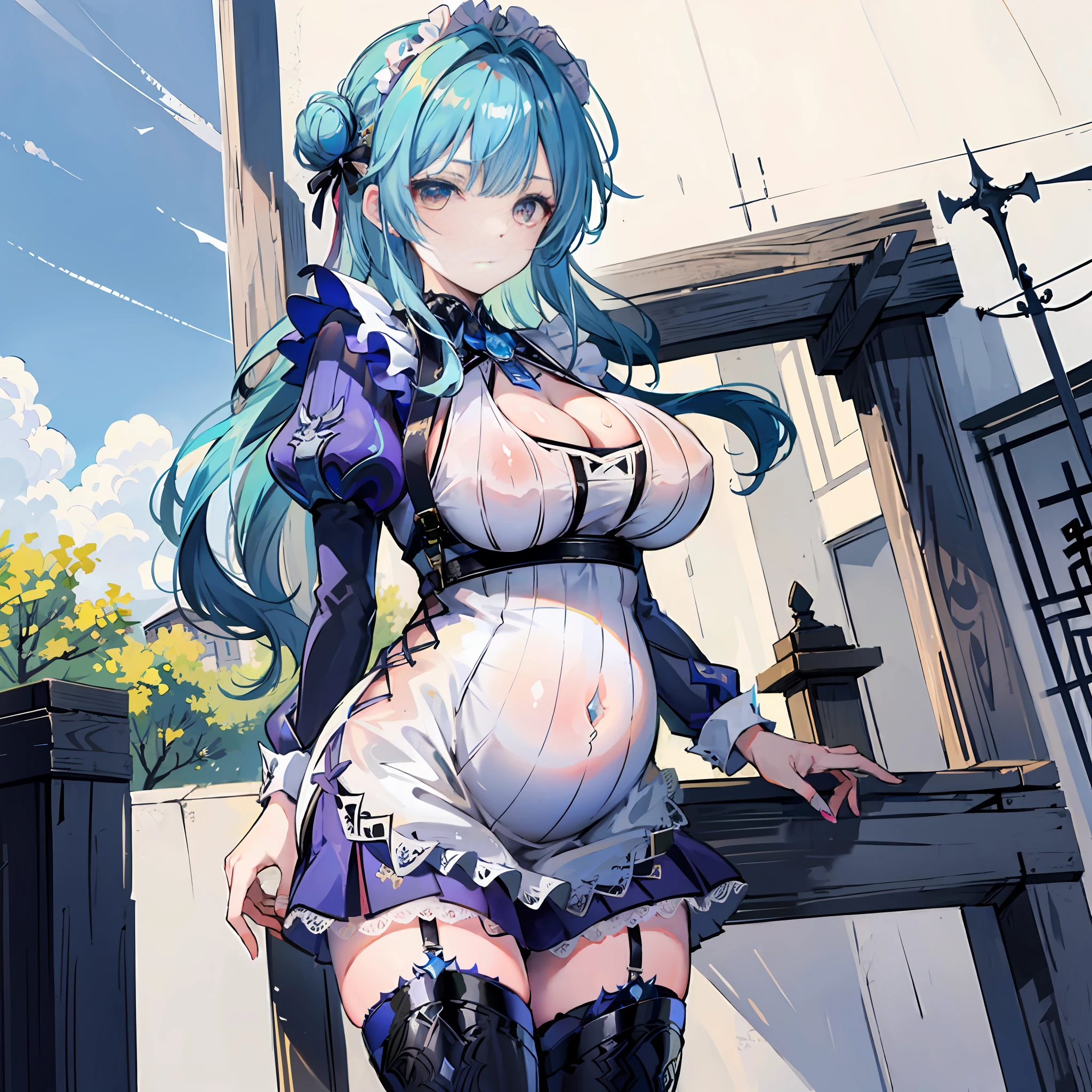 Best quality, 8K, High quality, A high resolution, Keqing (genshinimpact), hairbuns, blue  hair，Bobbed hair, Purple eyes, hair adornments, cone hair bun, Long hair, double bun hair, bangs, bow, (Maid outfit:1.5), maid,, Great legs, Stockings, white thighhighs, cleavage cutout, Face focus, Close up, (Heart-shaped pupils:0.9), (Blush:0.65), (1girl huge large breasts, solo:1.4), School grounds, School rooftop,, Blue sky, Bright sky, Sunny, holding flower, Large breasts, Detailed background, Detailed clouds,Pregnant belly，