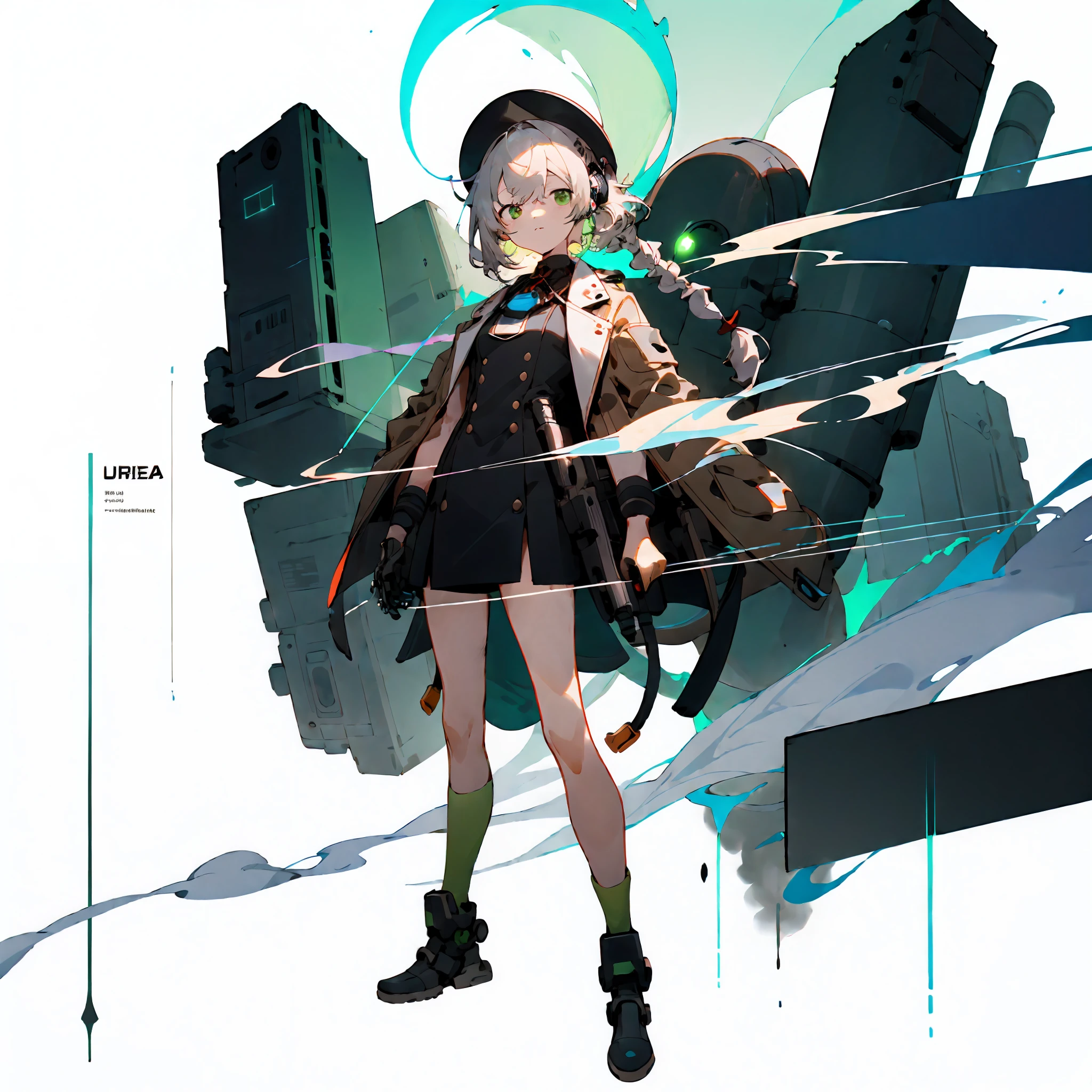 （Mechanical punk background)，[[(Background on white background:3) ::5]]，（isometria：1.0），Large area of blank，（Delicate face and beautiful eyes），simplebackground， 1girl huge large breasts， Medium Shot Shot，(Lori，short man)，（（kiddy big breasts）） (fullllbody)， light particules，(Brown long double braid)，Flowing hair，Green near-futuristic cyberpunk jacket，Green eyes，Standing painting style，face as it is，No mouth，protective goggles，machine arm，mechanical leg，Machine gun in the background，Smoke background，round background，（独奏），green colored theme，Electro-optical，Volumetriclighting，Small Man，flatchest，cropped legs，(age 5)，Earphone，（（（（li）））），Four-headed body