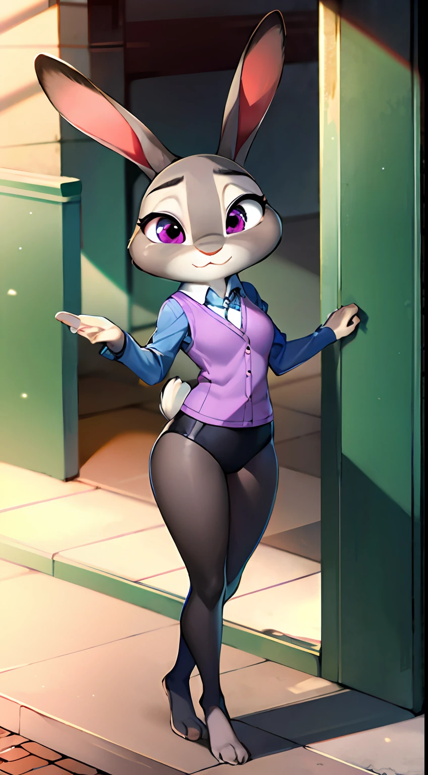 best quality, masterpiece, solo, 1girl, JudyHopps, police uniform, police hat, no pants, long socks, no panties, no pants, no shoes, black yoga pants, copyright, Zootopia, 1girl, Judy Hopps, Easter themed, brown hair, red eyes, standing next to human, looking up, looking at viewer, Military beret, sweater vest, wearing satchel