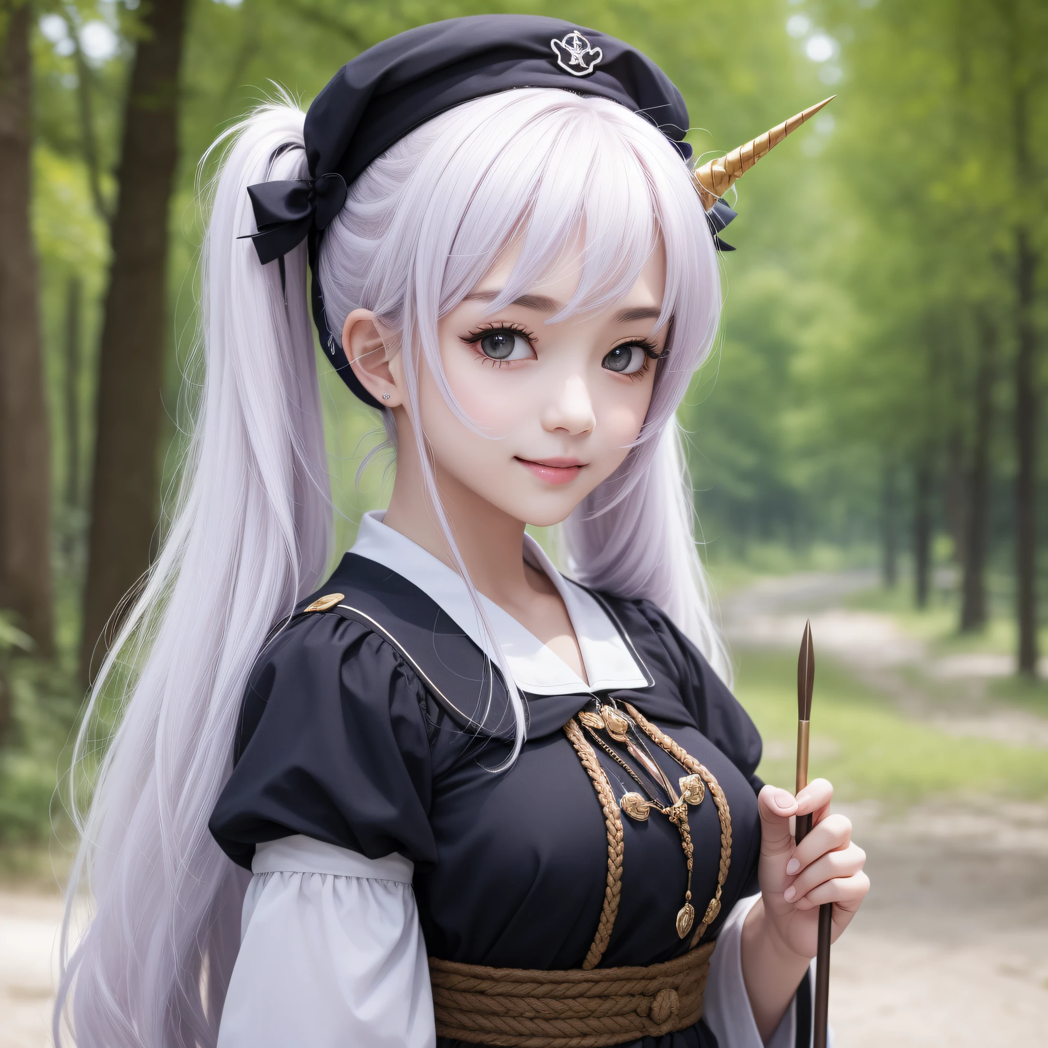 beste-Qualit, ​masterpiece, high-level image quality, 1girl in、Unicorn horns１Boken、snow-white hair、Beautiful fece、、kawaii、twintails、The photograph, A high resolution, 4K, 8K, Society Sisters、Monastic cap、Monastic uniforms、Hold the wand、Looking at the camera、A smile、great outdoors