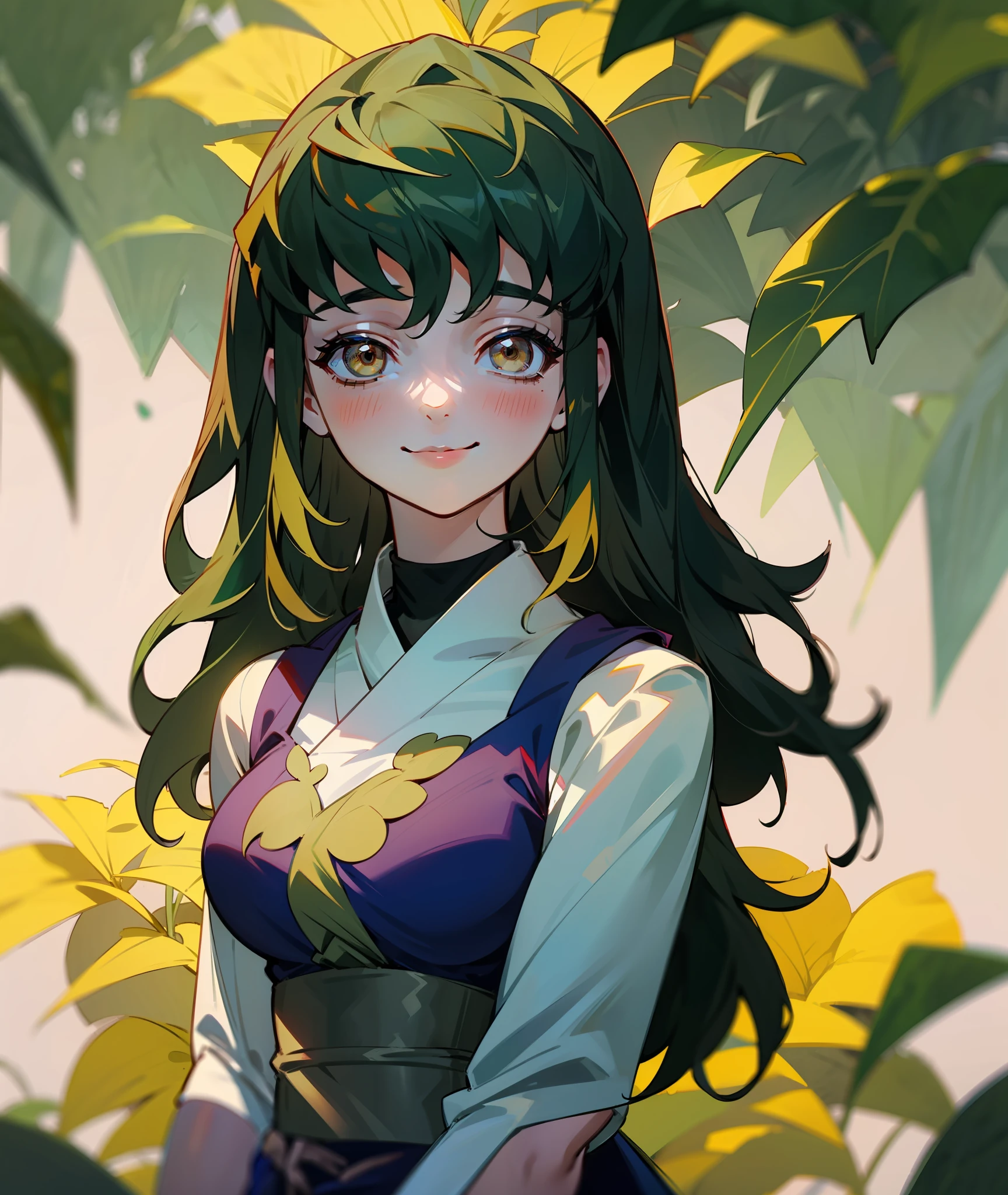 1girl, dark green hair, brown eyes, quiet, happy, calm, smile, cute, long hair, doe eyes, green haori, demon slayer uniform, leaves in hair, vine crown, vines, leaves, plants