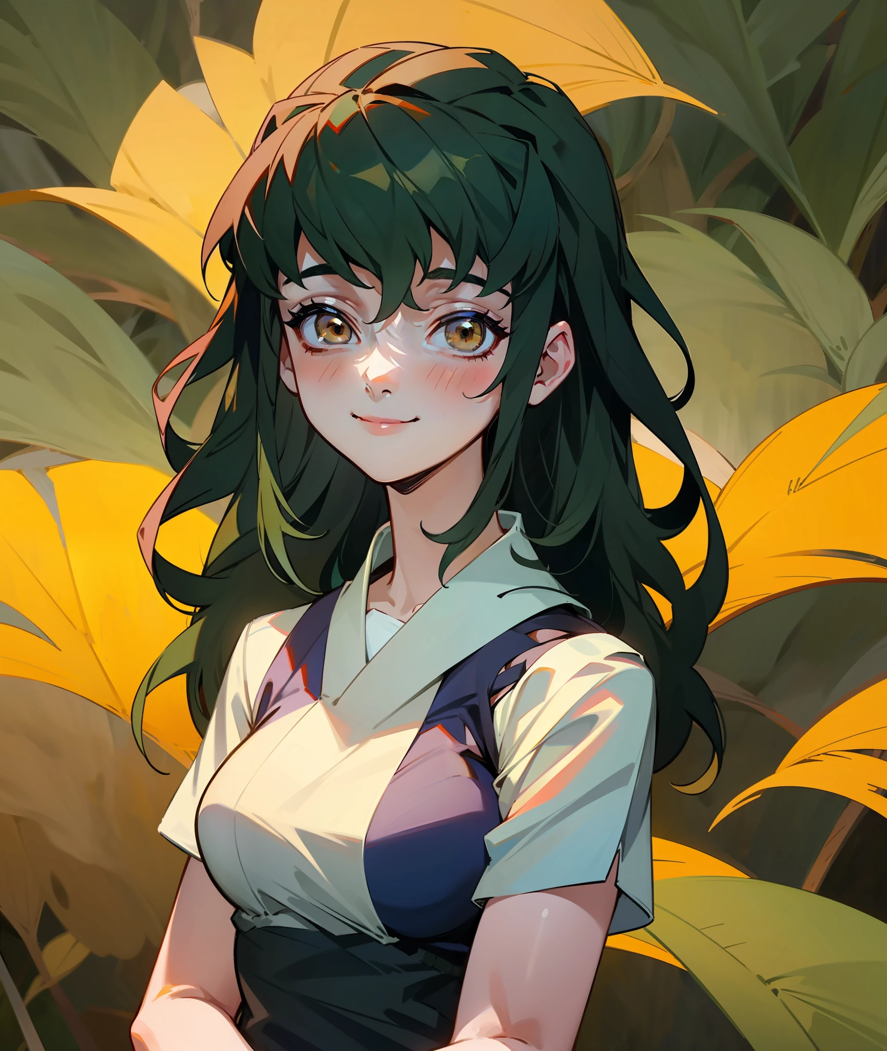 1girl, dark green hair, brown eyes, quiet, happy, calm, smile, cute, long hair, doe eyes, green haori, demon slayer uniform, leaves in hair, vine crown, vines, leaves, plants