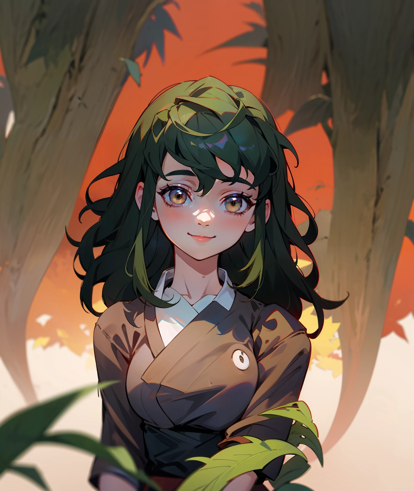 1girl, dark green hair, brown eyes, quiet, happy, calm, smile, cute, long hair, doe eyes, green haori, demon slayer uniform, leaves in hair, vine crown, vines, leaves, plants