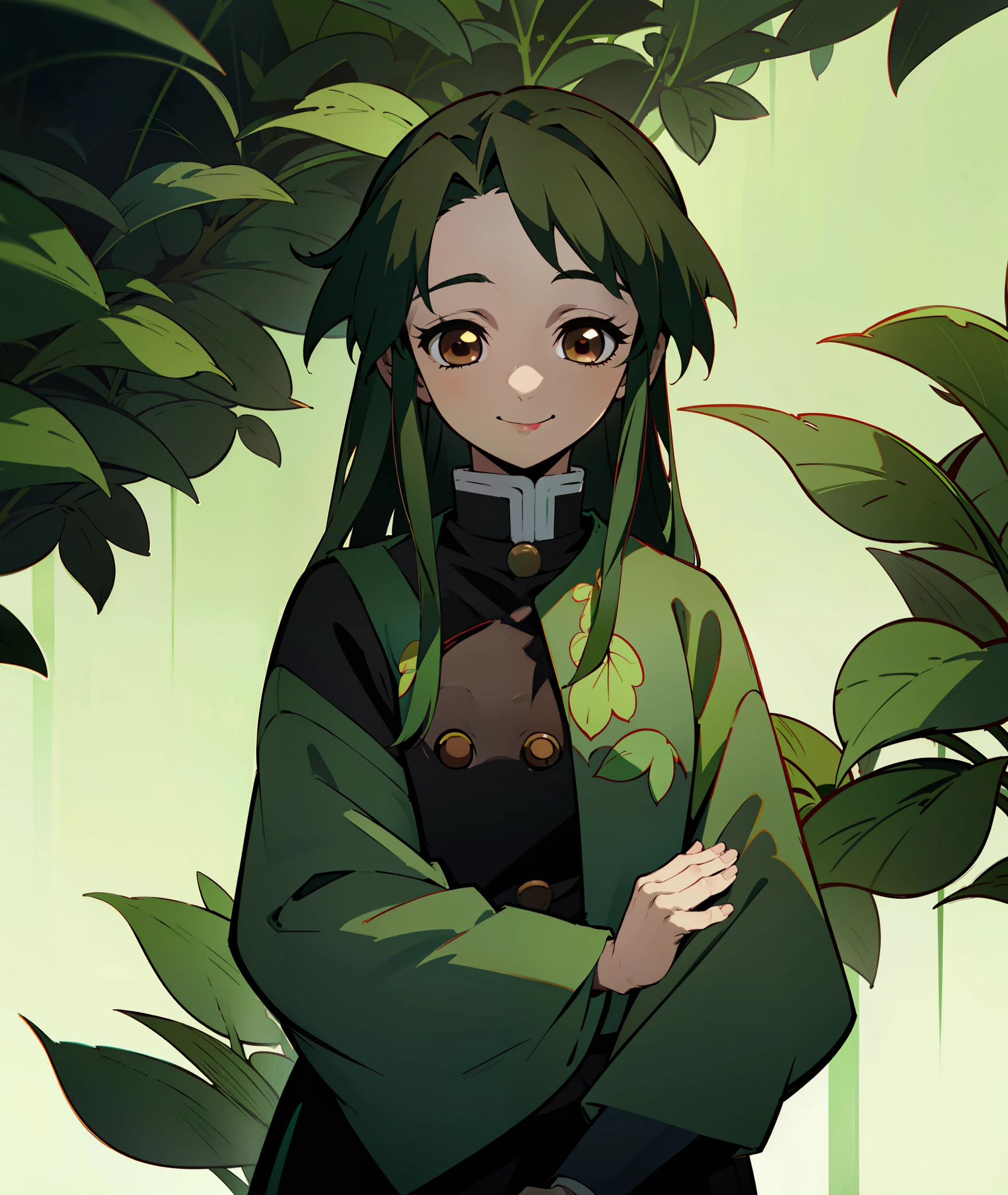 1girl, dark green hair, brown eyes, quiet, happy, calm, smile, cute, long hair, doe eyes, green haori, demon slayer uniform, leaves in hair, vine crown, vines, leaves, plants