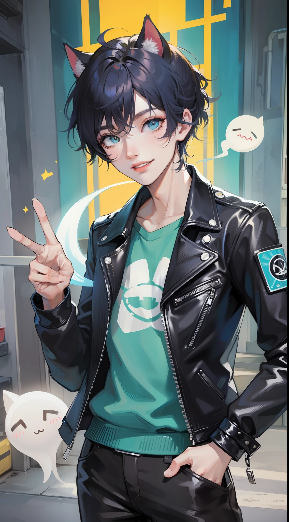 Young guy, Short dark blue hair, Cyan eyes, cat ears, leather jacket, a smile, Ghost Rider, Masterpiece, highly quality