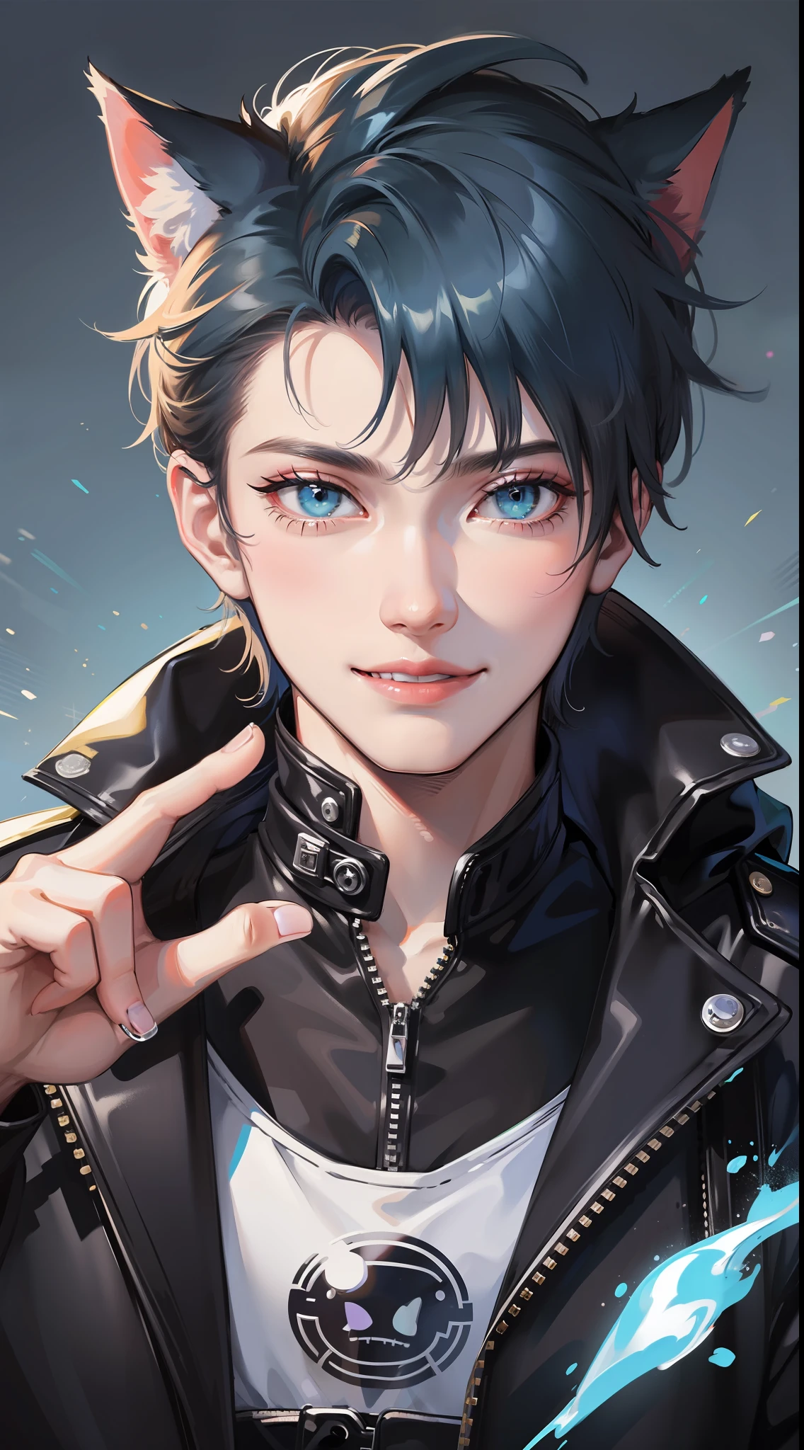 Young guy, Short dark blue hair, Cyan eyes, cat ears, leather jacket, a smile, Ghost Rider, Masterpiece, highly quality