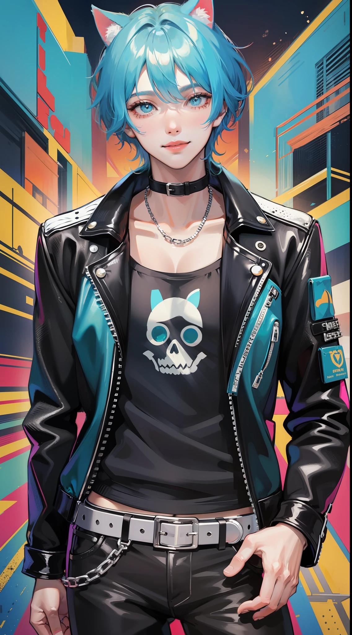 Young guy, Short dark blue hair, Cyan eyes, cat ears, leather jacket, a smile, Ghost Rider, Masterpiece, highly quality