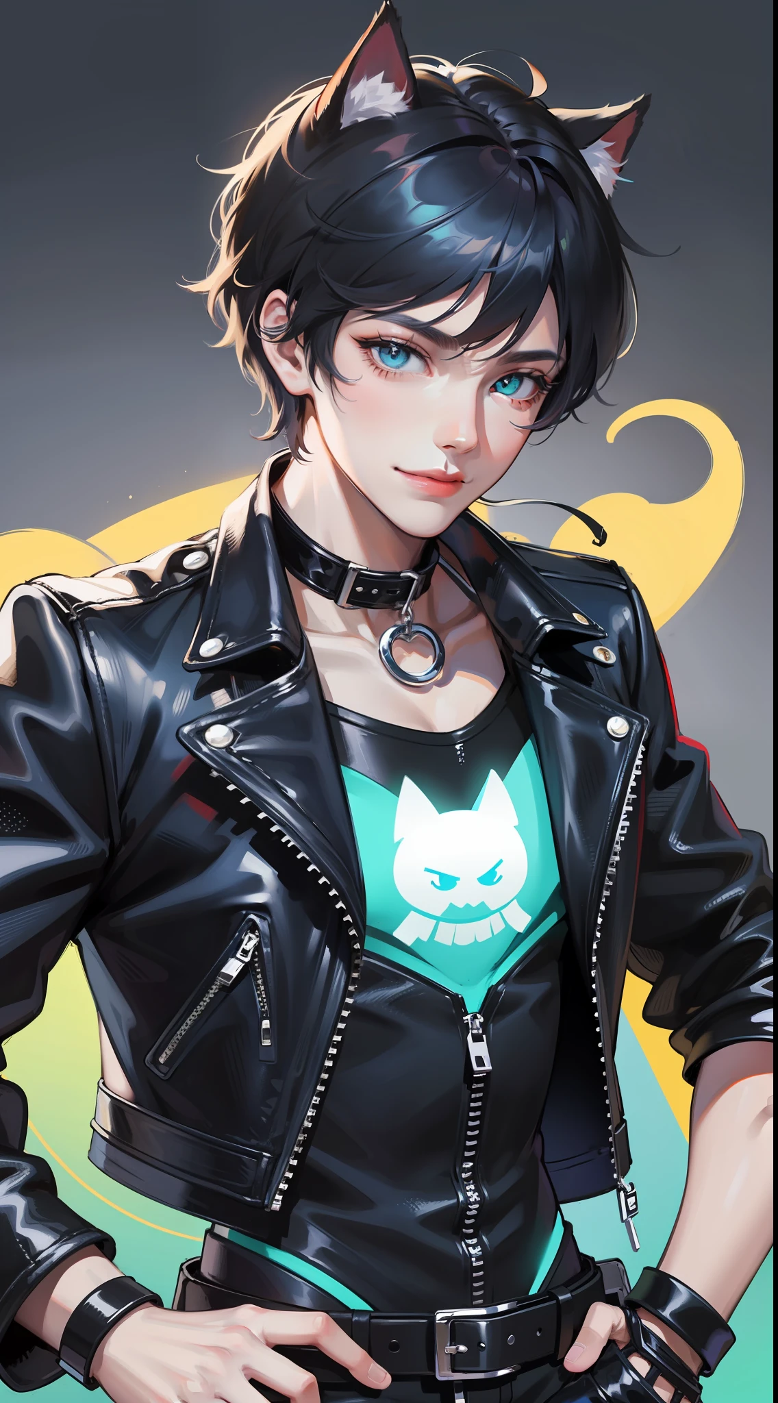 Young guy, Short dark blue hair, Cyan eyes, cat ears, leather jacket, a smile, Ghost Rider, Masterpiece, highly quality