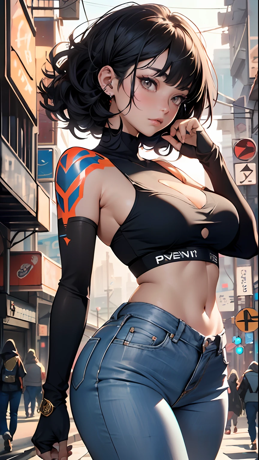 girl spacepunk,(1girl:1.3),((extremely cute and beautiful black curly-haired anime girl walking down the street)),
(large breasts:1.4),saggy breasts,(((black curly hair:1.35,absurdly long,colored inner hair,ear breathing))), ((brown eyes:1.3,upturned eyes:1.3,perfect eyes,beautiful detailed eyes, rainbow glows ultra-detailed deep gold brown eyes:1.1,gradient eyes:1, finely detailed beautiful eyes:1,symmetrical eyes:1,big highlight on eyes:1.2)),(fat:1.2), (((lustrous skin:1.5, bright skin: 1.5,skin tanned,shiny skin,very shiny skin,shiny body,plastic glitter skin,exaggerated shiny skin))),(spider lower abdomen,narrow waist,wide hip,athletic body, inflated legs,delicate detailed fingers,detailed body,detailed arms, human hands,detailed hands,),
cute, slutty, seductive, erotic, nsfw,
(gray shirt with an orange squid print, blue denim pants),(detailed outfit, detailed clothes),
(dynamic pose:1.0), solo focus, embarrassed, centered, scale to fit dimensions, Rule of thirds,
outdoors, (cyberpunk Background: 1.5, detailed background:1.25),
(Isometric: 1.0), double exposure, (masterpiece, best quality:1.3), (highres:1.5), absurdres, ultra detailed, cinematic light, realistic, ultra-realistic, high contrast, extraordinarily nice, vibrant colors, (intricate), HDR (High Dynamic Range),Ray Tracing,NVIDIA RTX,Super-Resolution,Unreal 5,Subsurface dispersion, PBR texture, Post-processing, Anisotropic filtering, Depth of field, Maximum clarity and sharpness, Multilayer textures, Albedo and specular maps, Surface shading, Accurate simulation of light-material interaction, Octane Render, Two-tone lighting, Wide aperture, Low ISO, White balance, 8K RAW, Saturation boost,