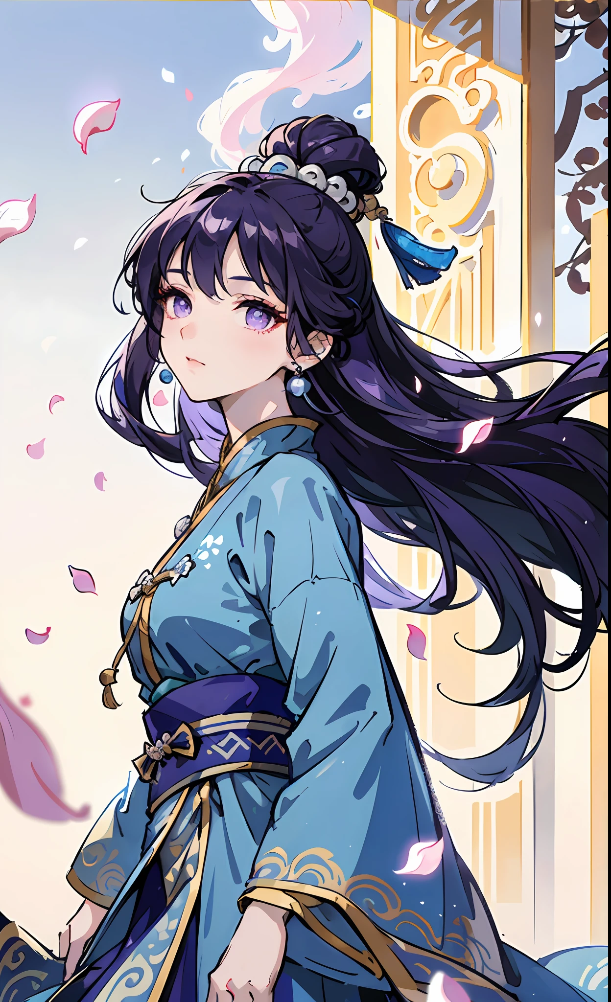 Mature girl, purple eyes, blue-white hair color, floating hair, delicate and flexible eyes, intricate damask hanfu, gorgeous accessories, wearing pearl earrings, fov, f/1.8, masterpiece, ancient Chinese architecture, blue sky, flower petals flying, front portrait shot, Chang'e, side lighting, sunlight on people, 8K