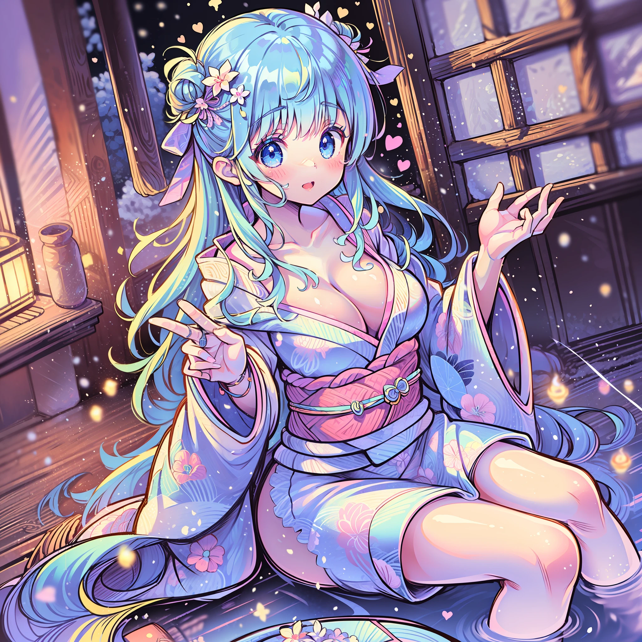 (masterpiece),(best quality),(floating),(high resolution),(dynamic angle),(beautiful Japanese woman),yuki-onna (spirit in Japanese folklore); snow woman, (white kimono),(short-length kimono),(Japanese clothing),(light blue hair),(very long hair updo),(blizzard),(snow),(ice),(W-sitting),(embarrassed),(heart eyes), (hand between legs), (Cleavage), PsyAI