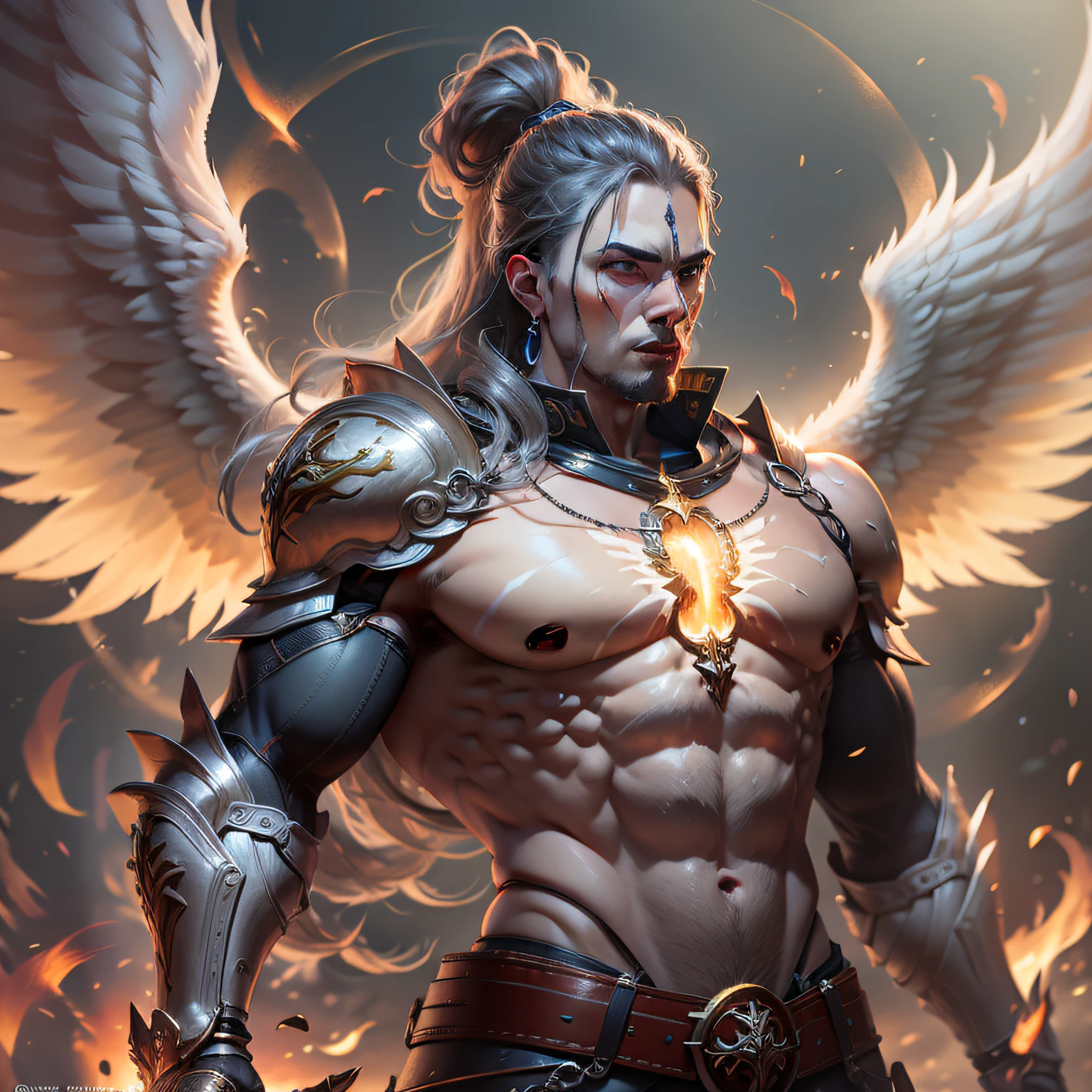 ultra realistic photo angel man warrior, golden wings, strong muscles, fire sword in hand, octane rendering, 16k UHD, high details, super detail, best quality, 8k