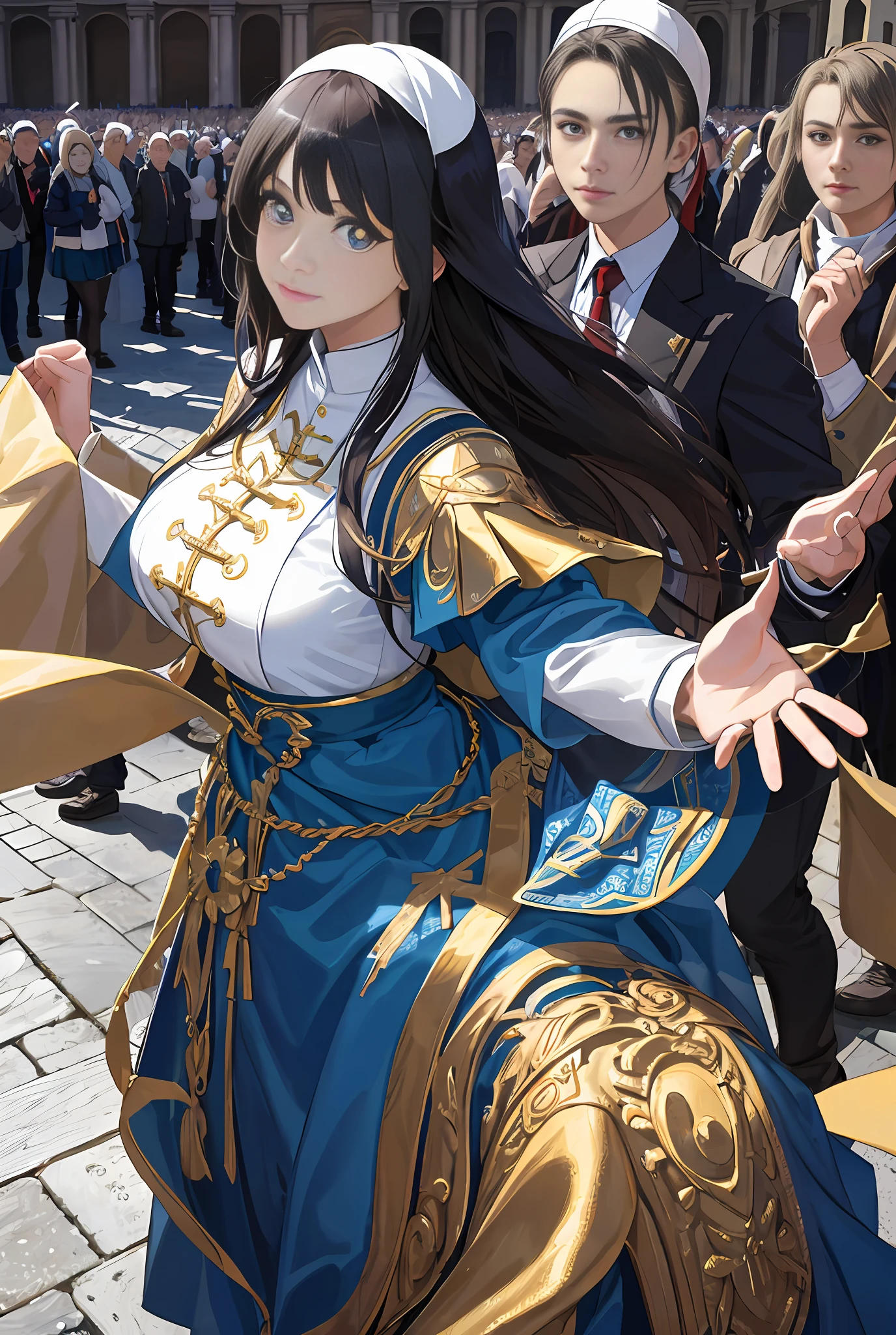 (巨作, Best quality, Realistic),
1girl huge large breasts,(on the St. Peter's Square of Vatican,crowd of), st. Peter's Square of Vatican background,gypsy dress,(Princess Eyes,shiny pupils),Dancing,  Gold, banquet, crowd of, picking up skirt,
[Slight smile],