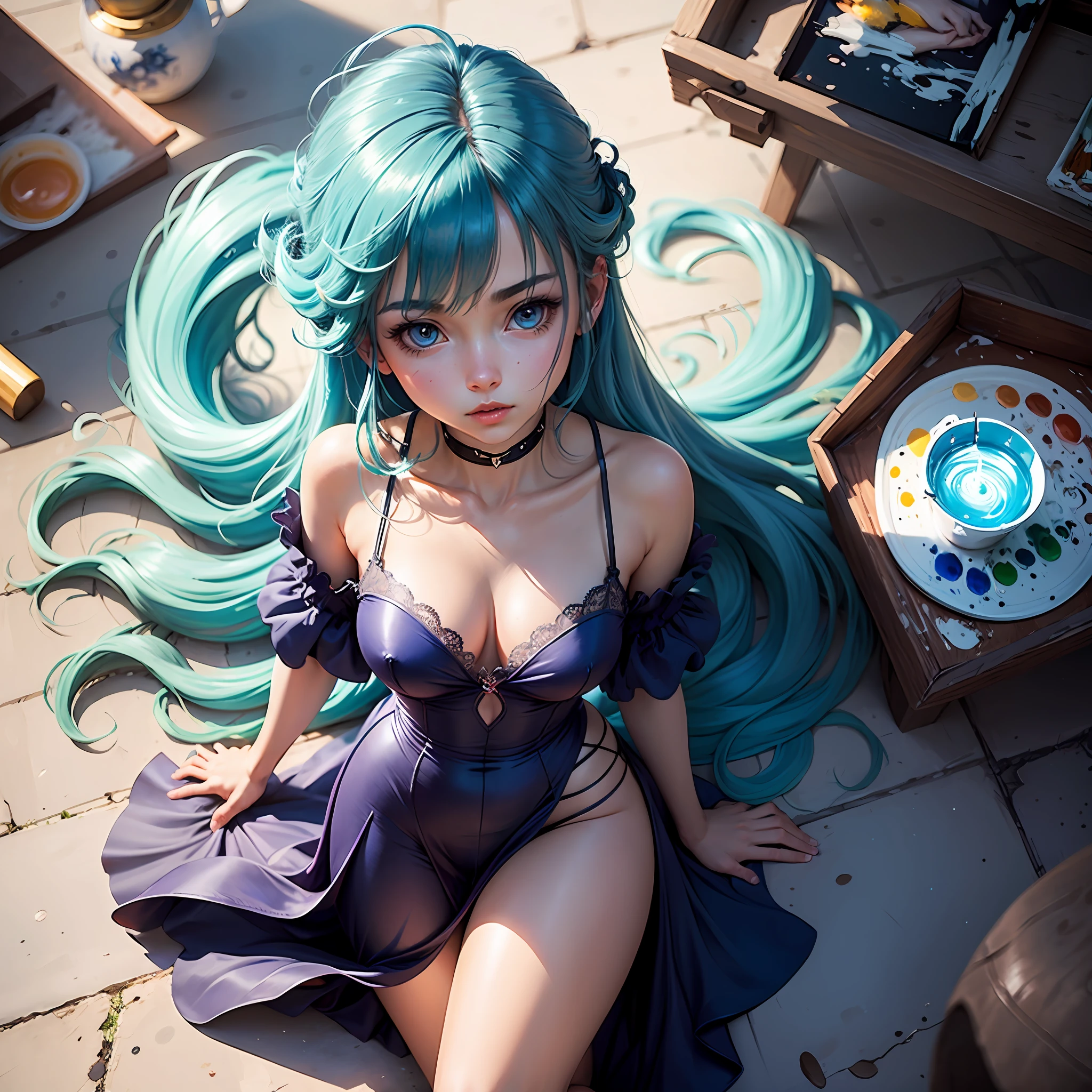 (Painting style: animel)(proportionate: lengthwise)(Location: Central)The blue-haired girl looked up,The natural aura is reflected in the eyes. --auto