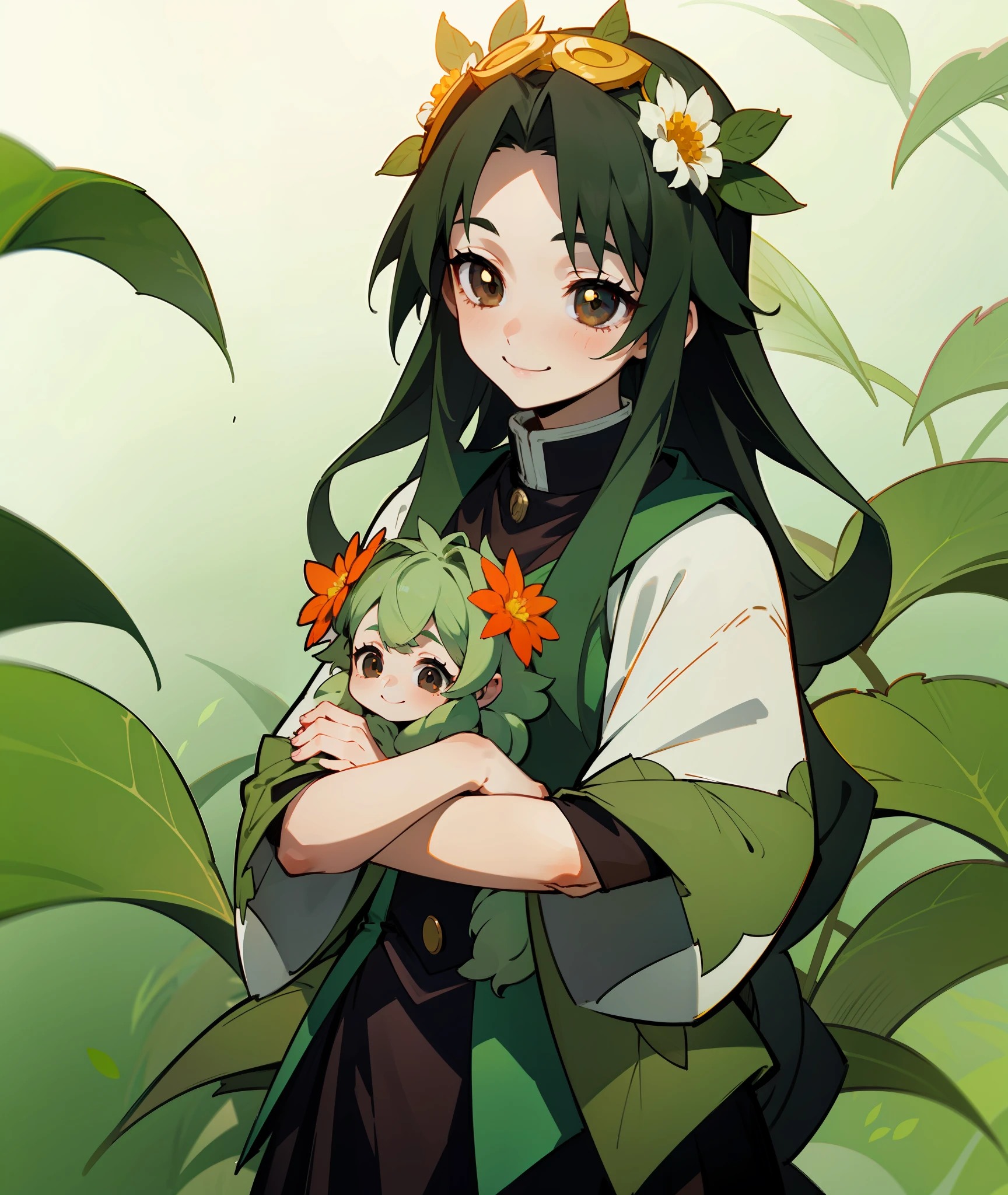 1girl, dark green hair, brown eyes, quiet, happy, calm, smile, cute, long hair, doe eyes, green haori, demon slayer uniform, leaves in hair, vine crown, vines, leaves, plants, flower crown