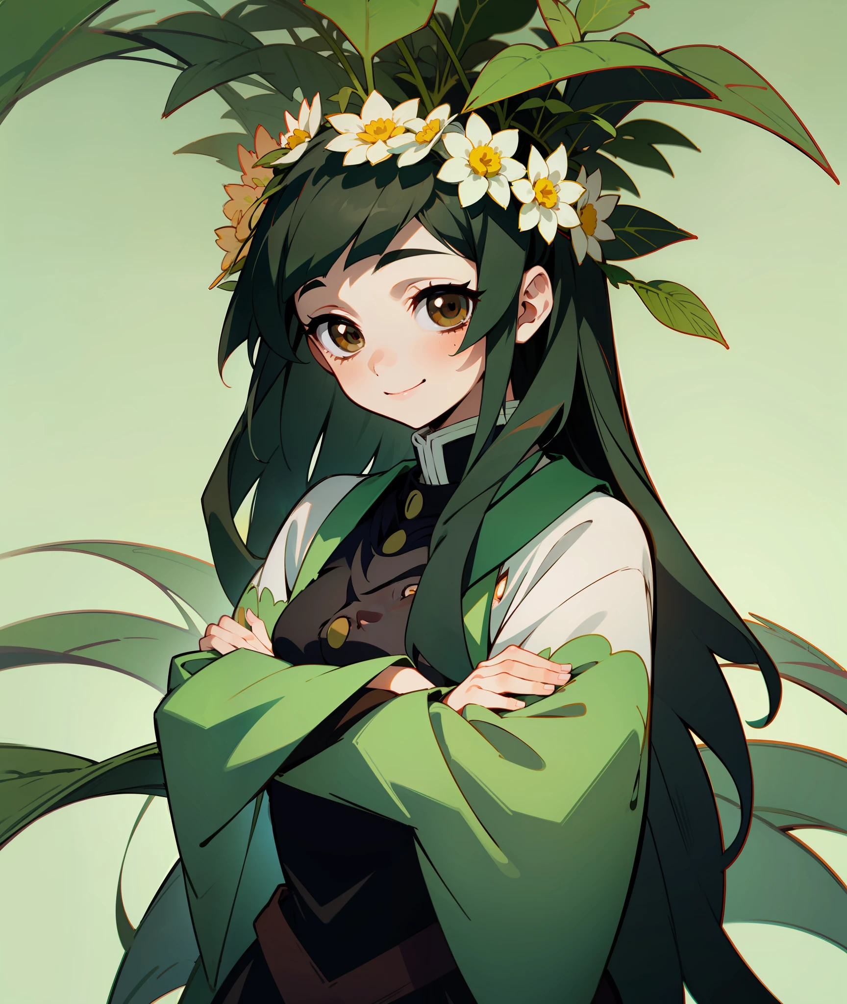 1girl, dark green hair, brown eyes, quiet, happy, calm, smile, cute, long hair, doe eyes, green haori, demon slayer uniform, leaves in hair, vine crown, vines, leaves, plants, flower crown