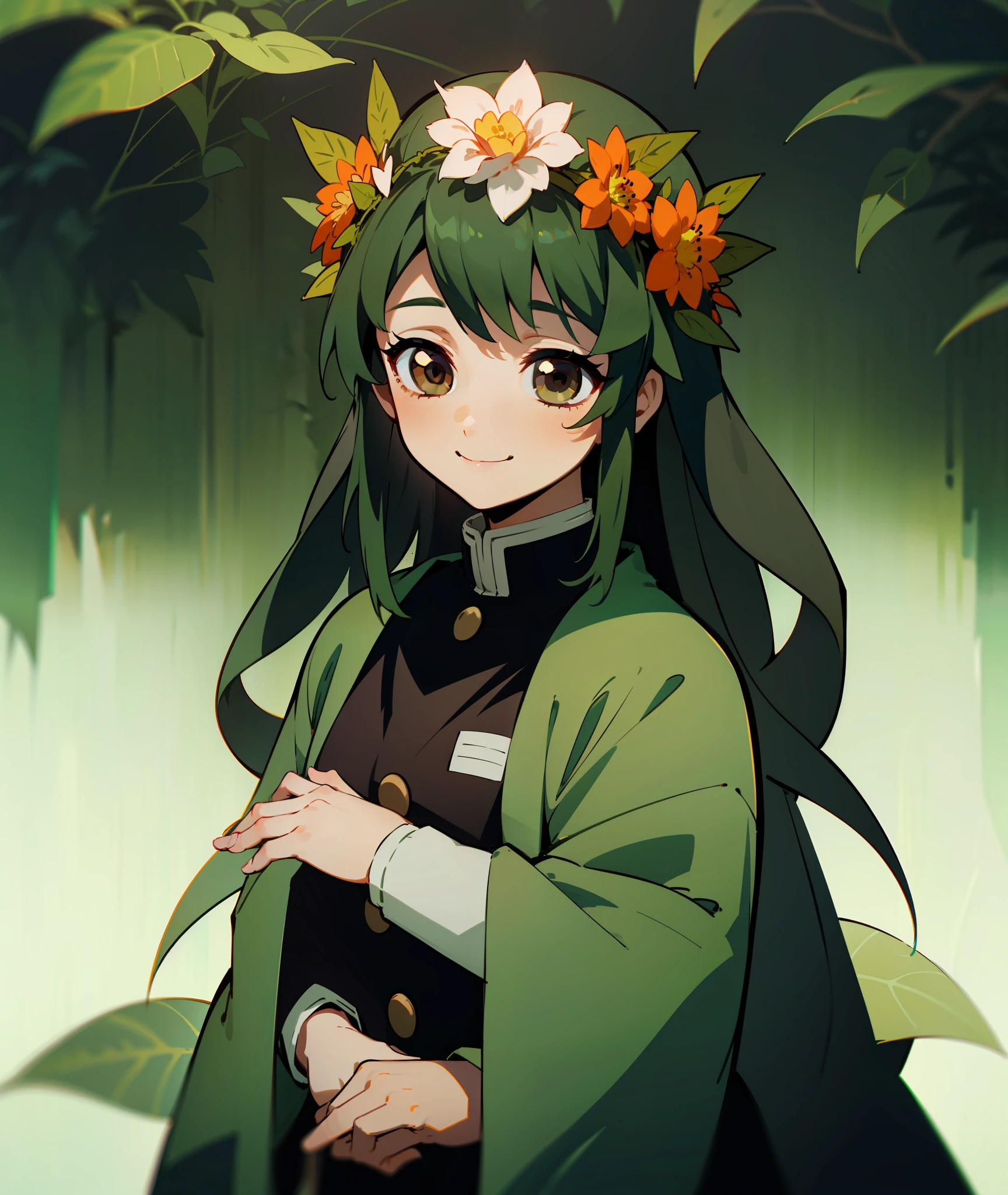 1girl, dark green hair, brown eyes, quiet, happy, calm, smile, cute, long hair, doe eyes, green haori, demon slayer uniform, leaves in hair, vine crown, vines, leaves, plants, flower crown