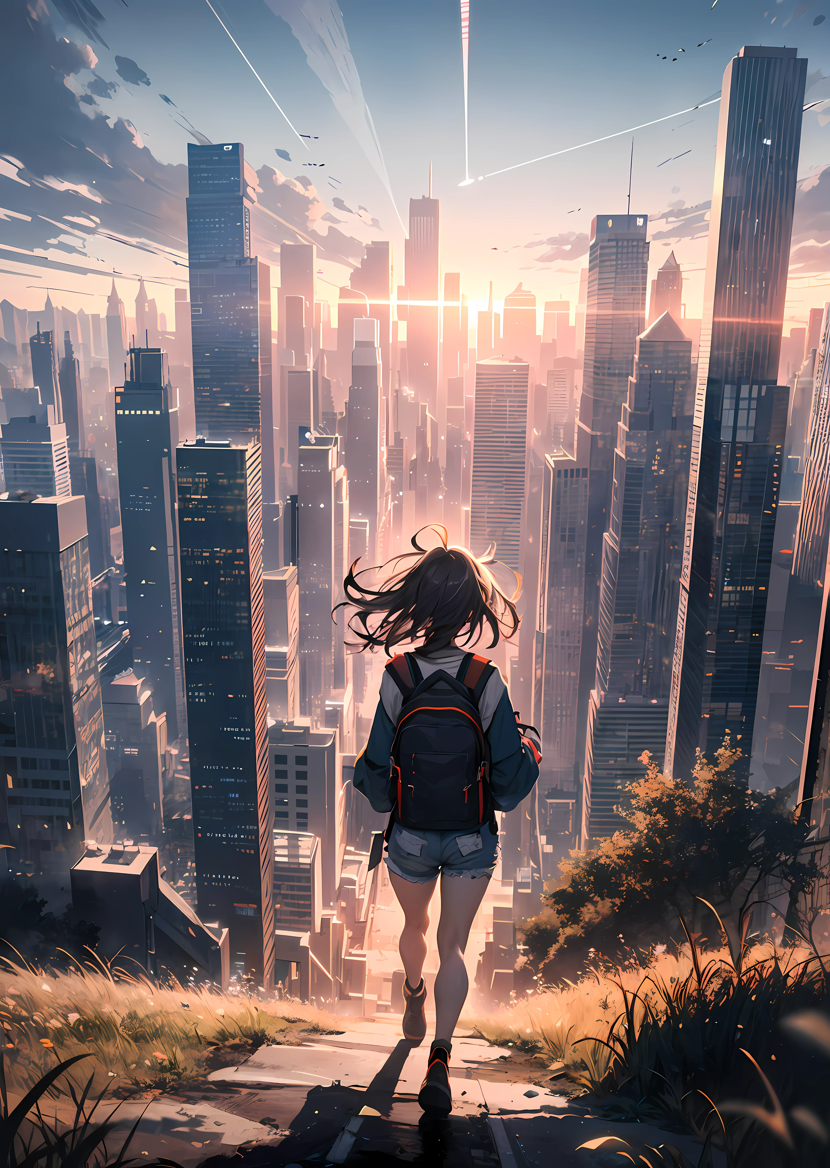 The vast sky, beautiful skyline, large grasslands, extremely tense and dramatic pictures, moving visual effects, the high-hanging Polaris, and colorful natural light. A long-sleeved top, denim shorts, and a girl with a backpack.