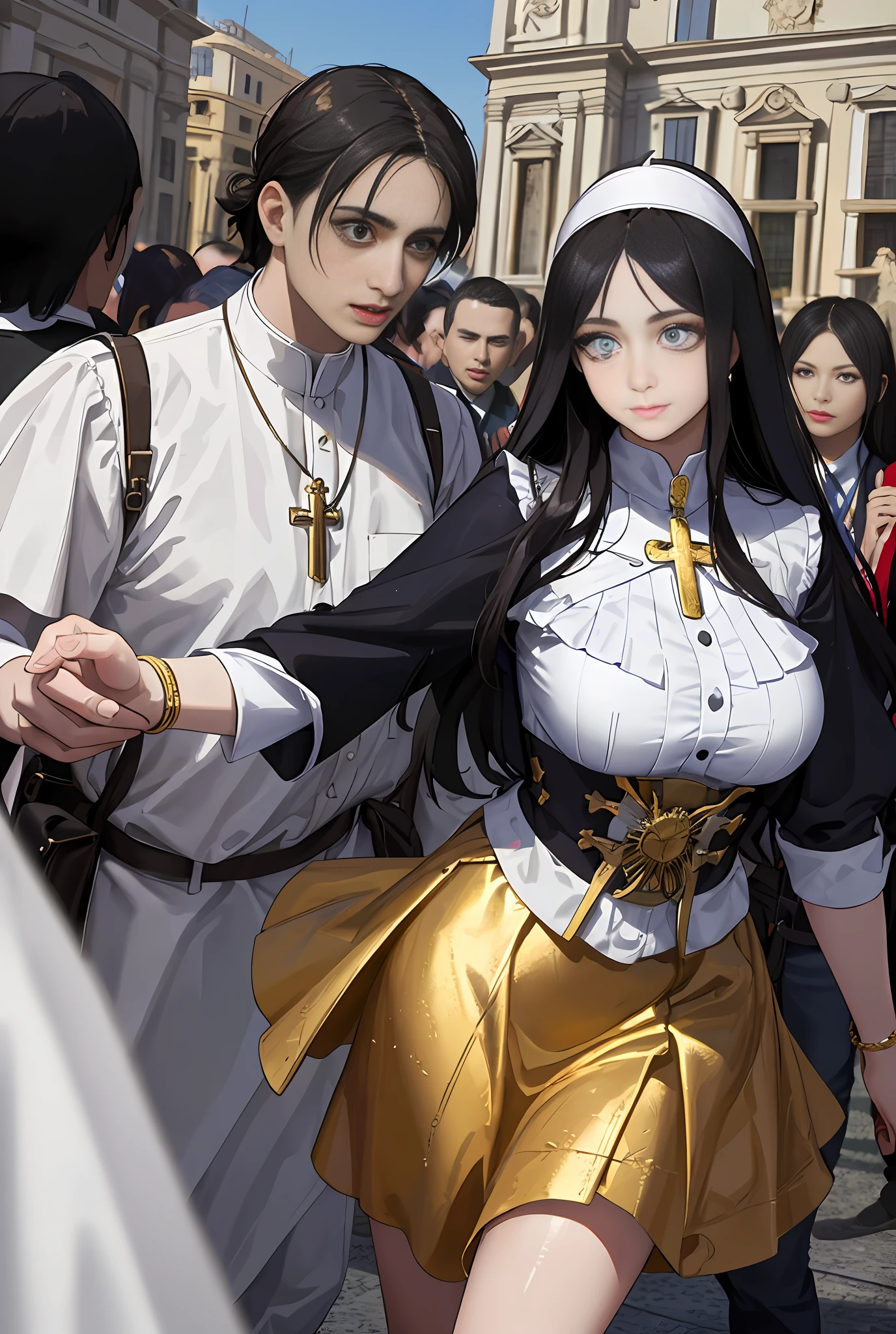 (巨作, Best quality, Realistic),
1girl huge large breasts,(on the St. Peter's Square of Vatican,crowd of), st. Peter's Square of Vatican background,gypsy dress,(Princess Eyes,shiny pupils),Dancing,  Gold, banquet, crowd of, picking up skirt,
[Slight smile],