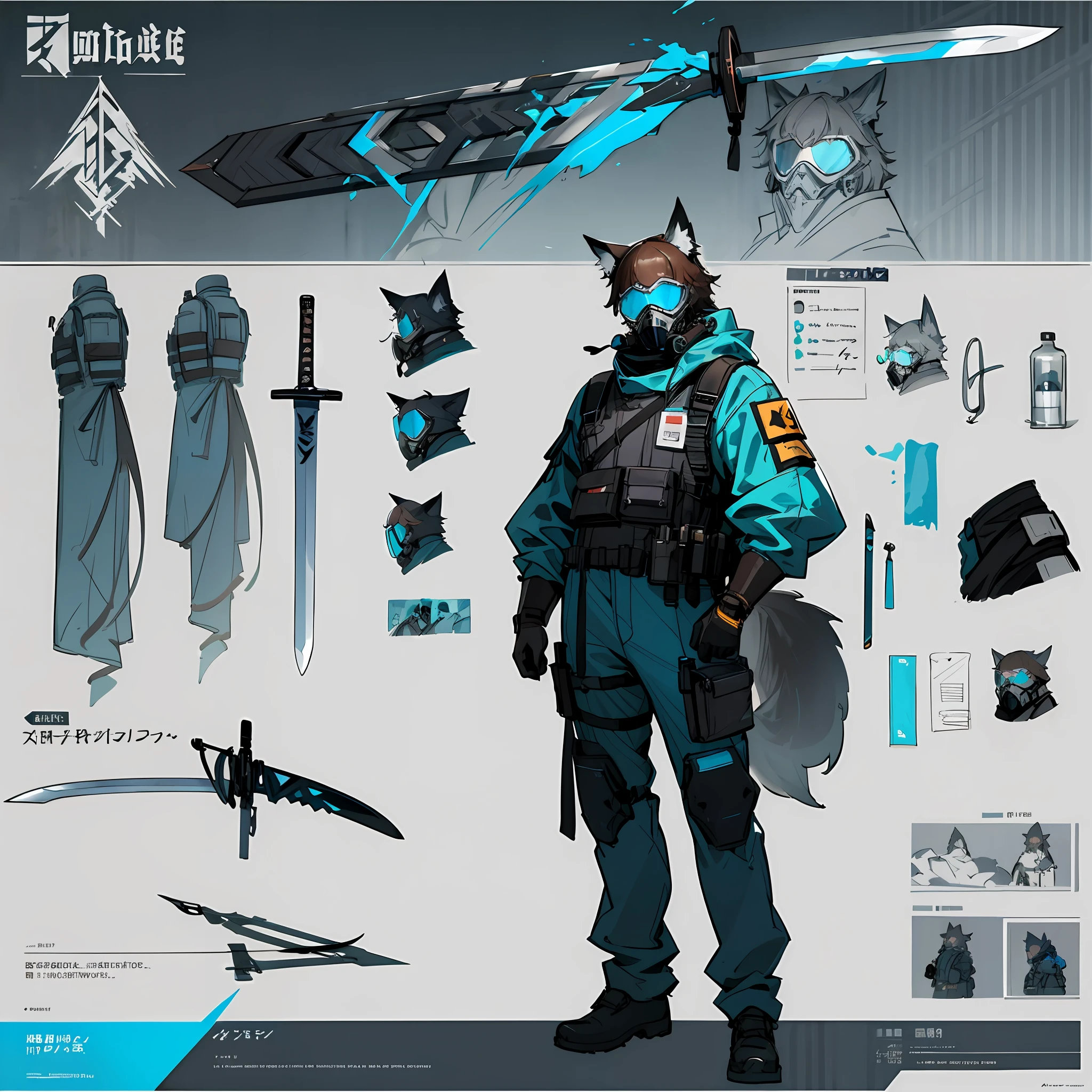 ((masterpiece)), (ultra detailed), (best quality), detailed background, (style of Arknights), (concept art, character sheet), (adult man, tall, muscular body, dark brown hair, short hair), (hazmat suit, tactical vest, tactical face mask, blue goggles, respirator), (cyan light-reflecting patch on chestplate), (sword in hand, longsword, detailed sword), ((realistic detailed equipment)), ((detailed realistic wolf ears and tail, human with animal traits)),