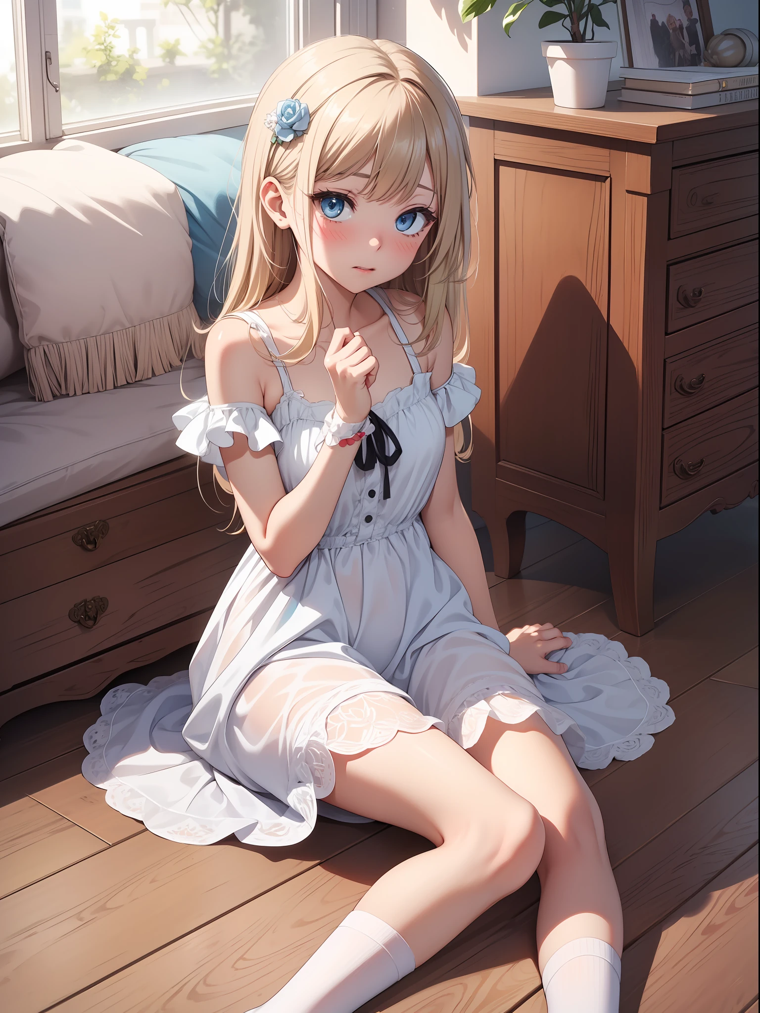 Top quality ultra-detailed CG art、Single、a blond、Blue eyes、In body type、16 y、Light blue sundress、（White panty:１.２）、red blush、white sock、Face humiliated、