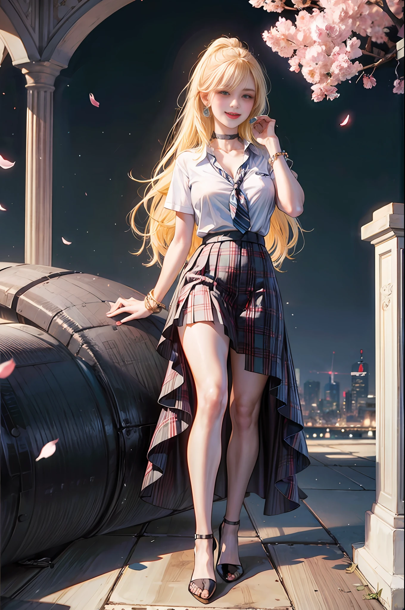 Masterpiece, Superb Style, Full Body, 1Girl, Bangs, Black Choker, Black Tie, Blonde Hair, Blue Skirt, Blush, Bracelet, Beautiful Breasts, Choker, Waist Dress, Collarbone, Collared Shirt, Denim Photos, Dress Shirt, Ear Piercings, Eyebrows Visible Through Hair, Gradient Hair, Grin, Gyaru, Jewelry, Kogal, Long Hair, Looking at the Audience, Loose Tie, Tie, Piercing, Plaid Skirt, Plaid Skirt, Pleated Skirt, Red Eyes, Ring, School Uniform, Shirt, Skirt, Smile, solo, white shirt, street, sky, cherry blossoms, petals, illustration, (magazine: 1.3), (cover style: 1.3), fashion, woman, vibrant, attire, pose, front, colorful, dynamic, background, element, confident, expressive, hold, statement, attachment, majestic, coiled, around, touch, scene, text, cover, bold, eye-catching, title, fashion, font, catchy, title, bigger, eye-catching, modern, stylish, focused, stylish, black stockings --auto
