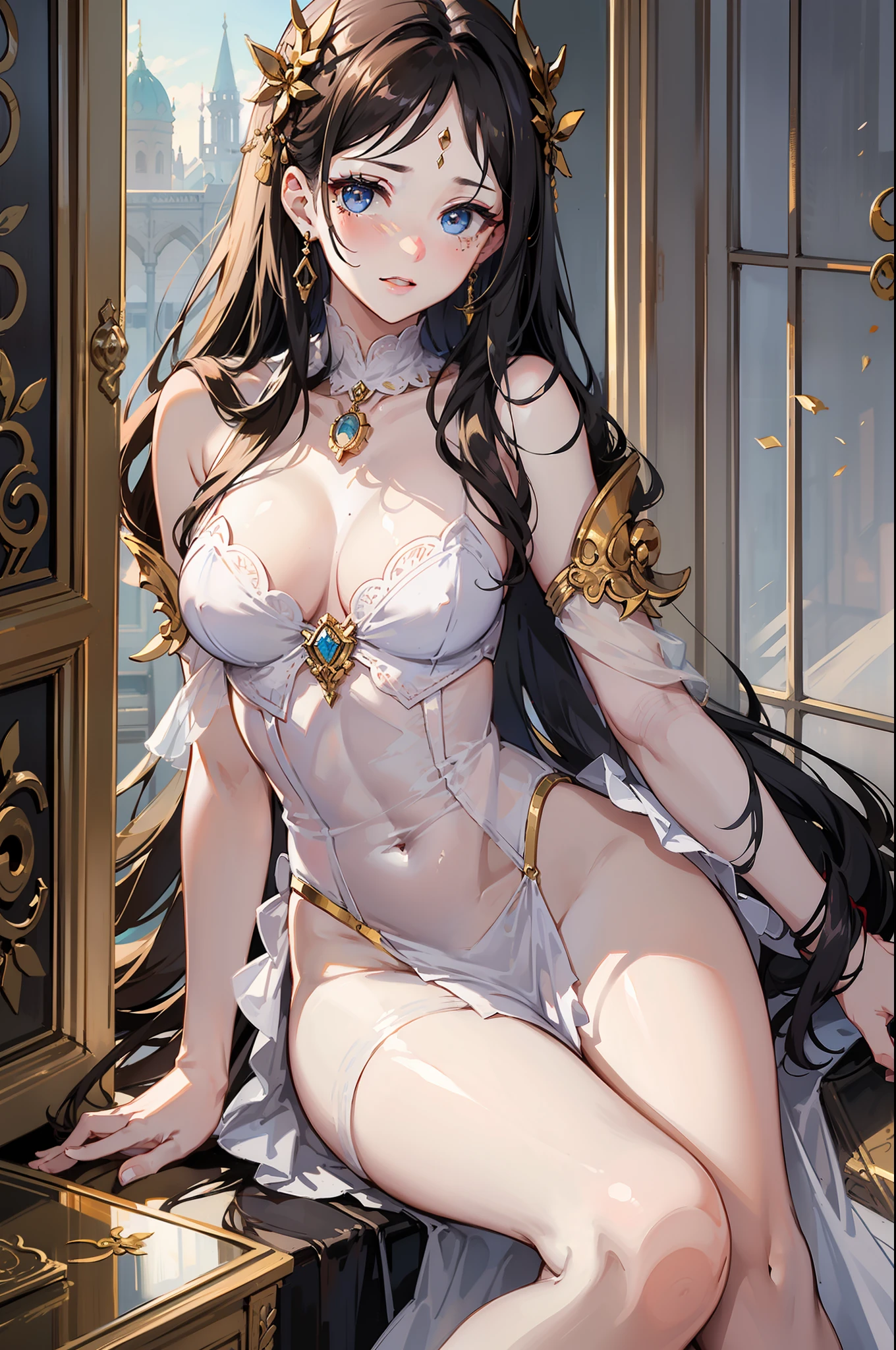Pale beautiful young woman、Amused beautiful、slim and angular face、pointed chin、Feminine and big eyes、realisitic、highly detaile、Large accentuated chest、Contrasty、Textured skin、 cold skin pores、s the perfect face、red blush、High small nose、Tear mole、blanche, Golden and ruffled dresses、Oblique 45 degrees、length hair、Light brown eyes、Sweet smell、Light shining、dynamism、Beautiful Royal Palace、Thrilling、Full body painting、Blue glowing pendant
