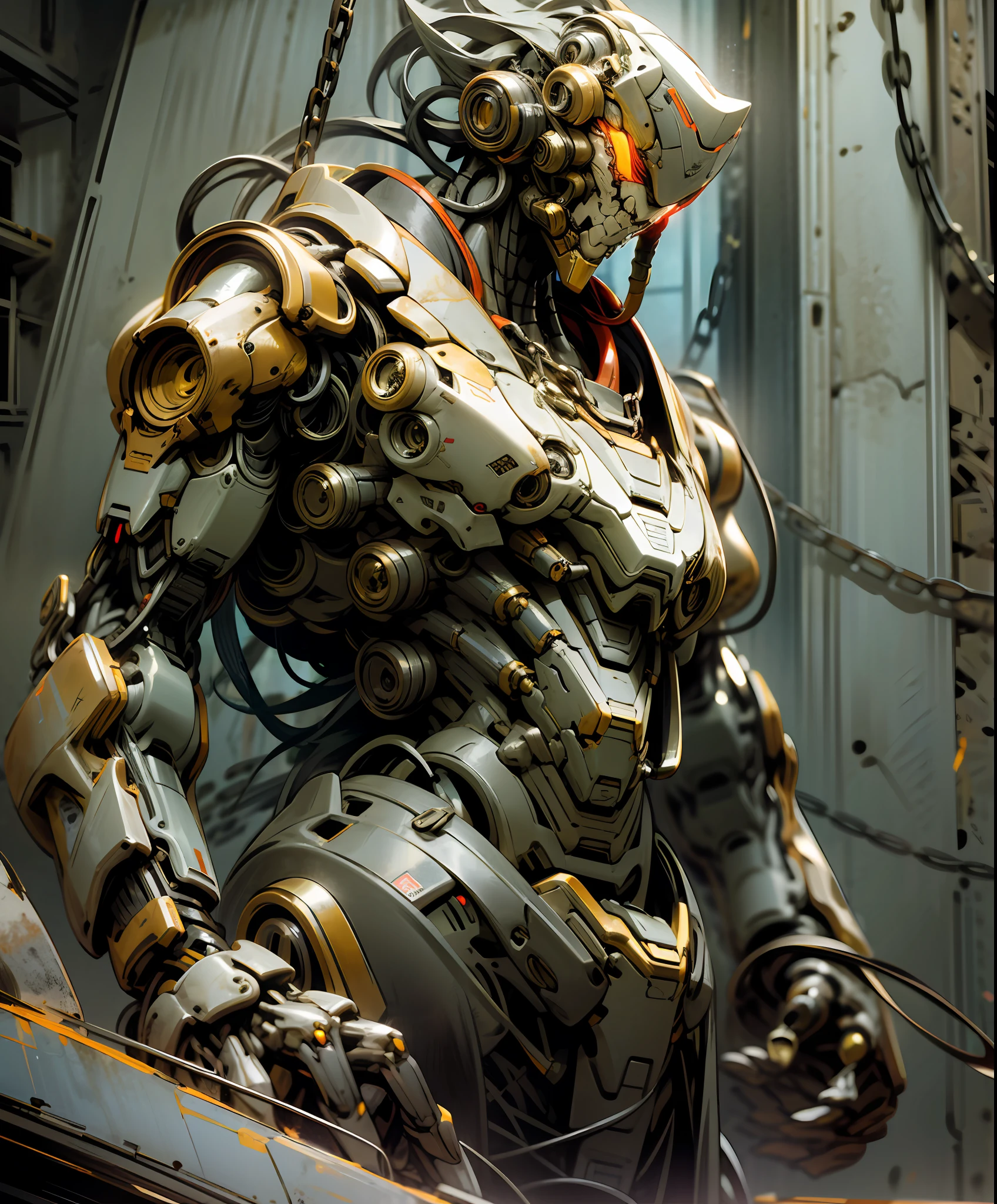 Dark_Fantasy,Cyberpunk,(chain saw,chain saw man,Red:1.1),1man,Mechanical marvel,Robotic presence,Cybernetic guardian, wearing a worn-out mech suit, intricate, (steel metal [rusty]), elegant, clear focus, shot by greg rutkowski, soft lighting, vibrant colors, masterpiece, ((street)), cowboy shot, dynamic pose,