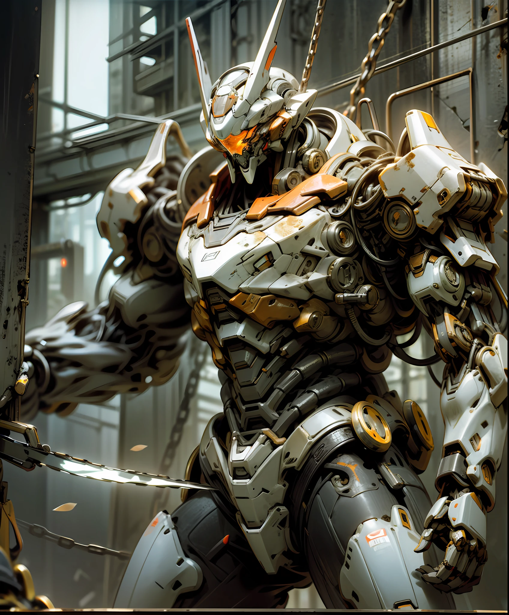 Dark_Fantasy,Cyberpunk,(chain saw,chain saw man,Red:1.1),1man,Mechanical marvel,Robotic presence,Cybernetic guardian, wearing a worn-out mech suit, intricate, (steel metal [rusty]), elegant, clear focus, shot by greg rutkowski, soft lighting, vibrant colors, masterpiece, ((street)), cowboy shot, dynamic pose,
