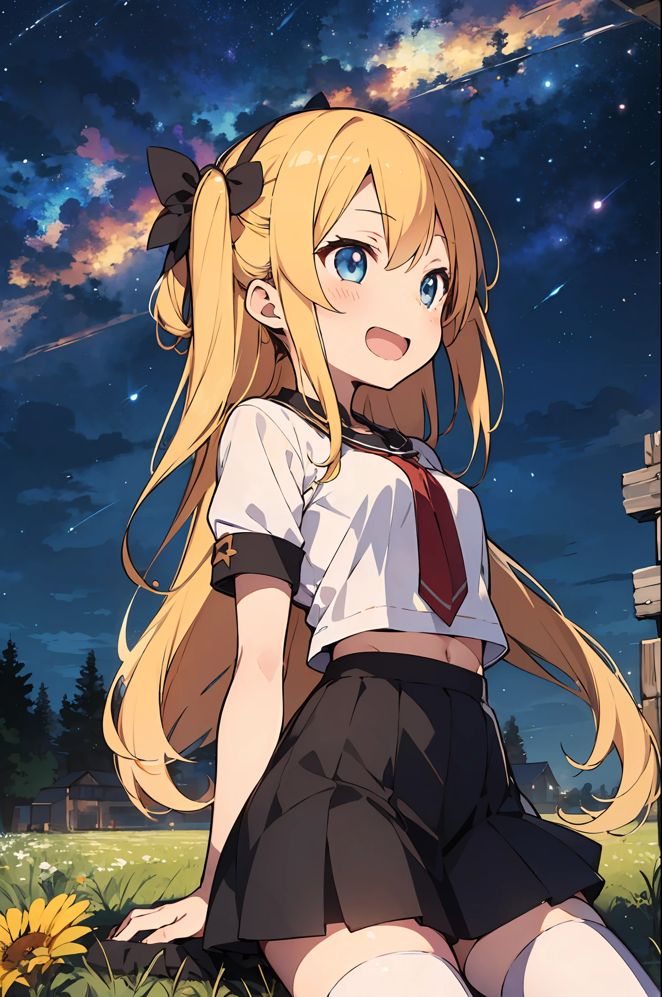 master piace, beste-Qualit,ultra detali,8K_wall-paper,(Beautiful eyes),((cute little)),(Wonderful),(erotick),anime moe art style,2girls,,,Mini skirt,,a blond,Shirts,Long hair,,navel,,Small breasts,,(((zettai ryouiki))),,Short sleeves,Open mouth,double tooth,Looking at the constellations、sitting on、Meadow at night、A smile、Looking away、Looking Up,Orion、profile,Back view、Sitting upright