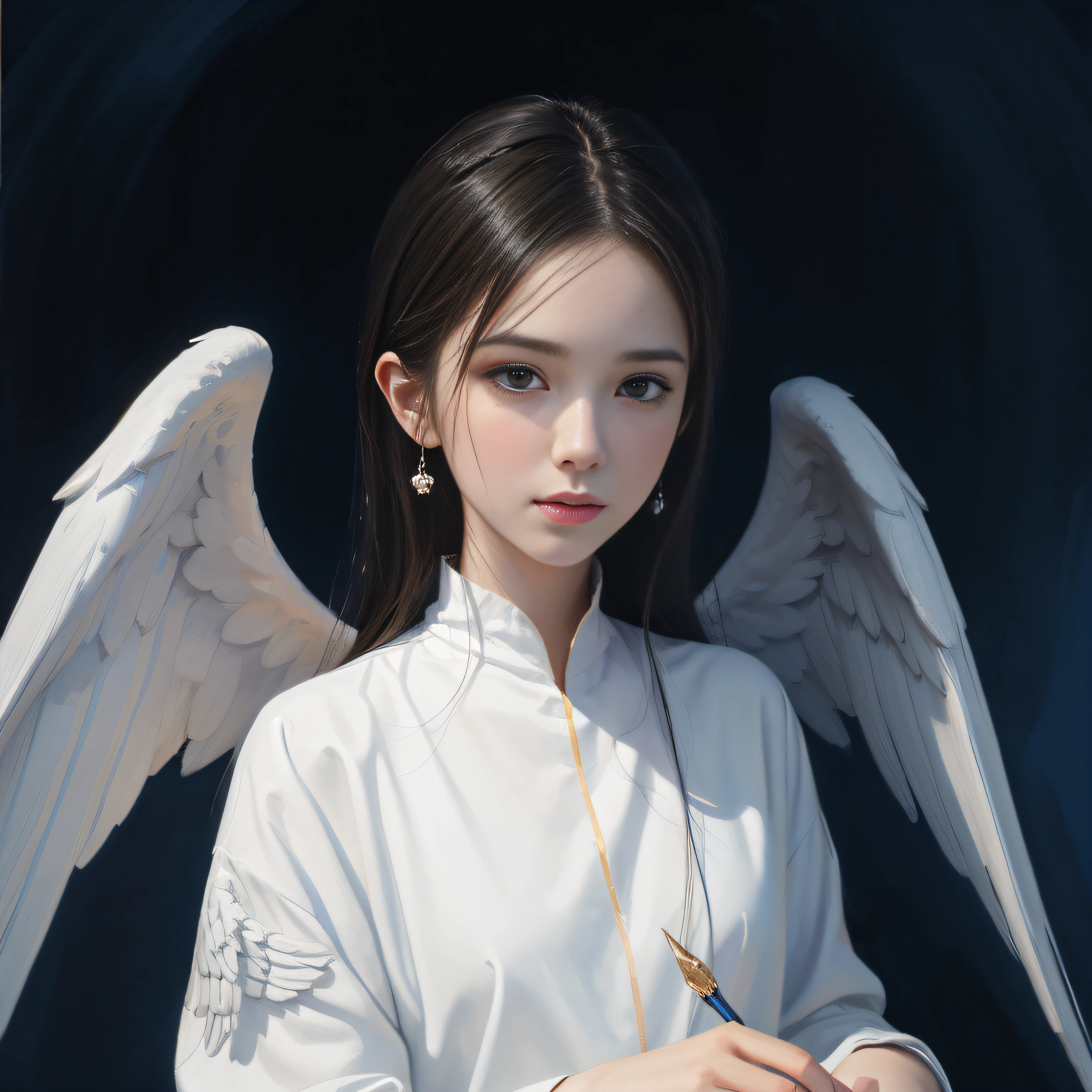 ((The background is blue sky))、sitting on、Upper body body、Happy face、oilpainting、Drawing of a sitting girl in a white dress with wings, art of wlop and greg rutkowski, art of Wlop, of beautiful angel, wlop art, ross tran 8 k, Portrait of a beautiful angel, full of paintings of angels, Beautiful Girl Angel, wlop |, wlop jeremy lipkin, full - body majestic angel