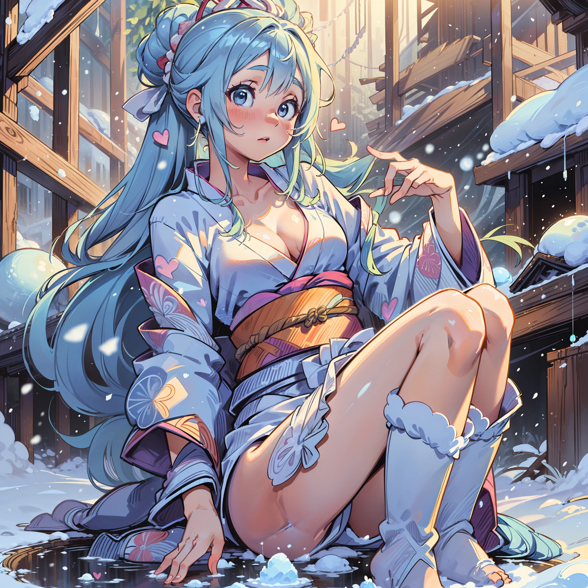 (masterpiece),(best quality),(floating),(high resolution),(dynamic angle),(beautiful Japanese woman),(small breasts), yuki-onna (spirit in Japanese folklore); snow woman, (white kimono),(short-length kimono),(Japanese clothing),(light blue hair),(very long hair updo),(blizzard),(snow),(ice),(W-sitting),(embarrassed),(heart eyes), (hand between legs), (Cleavage), PsyAI