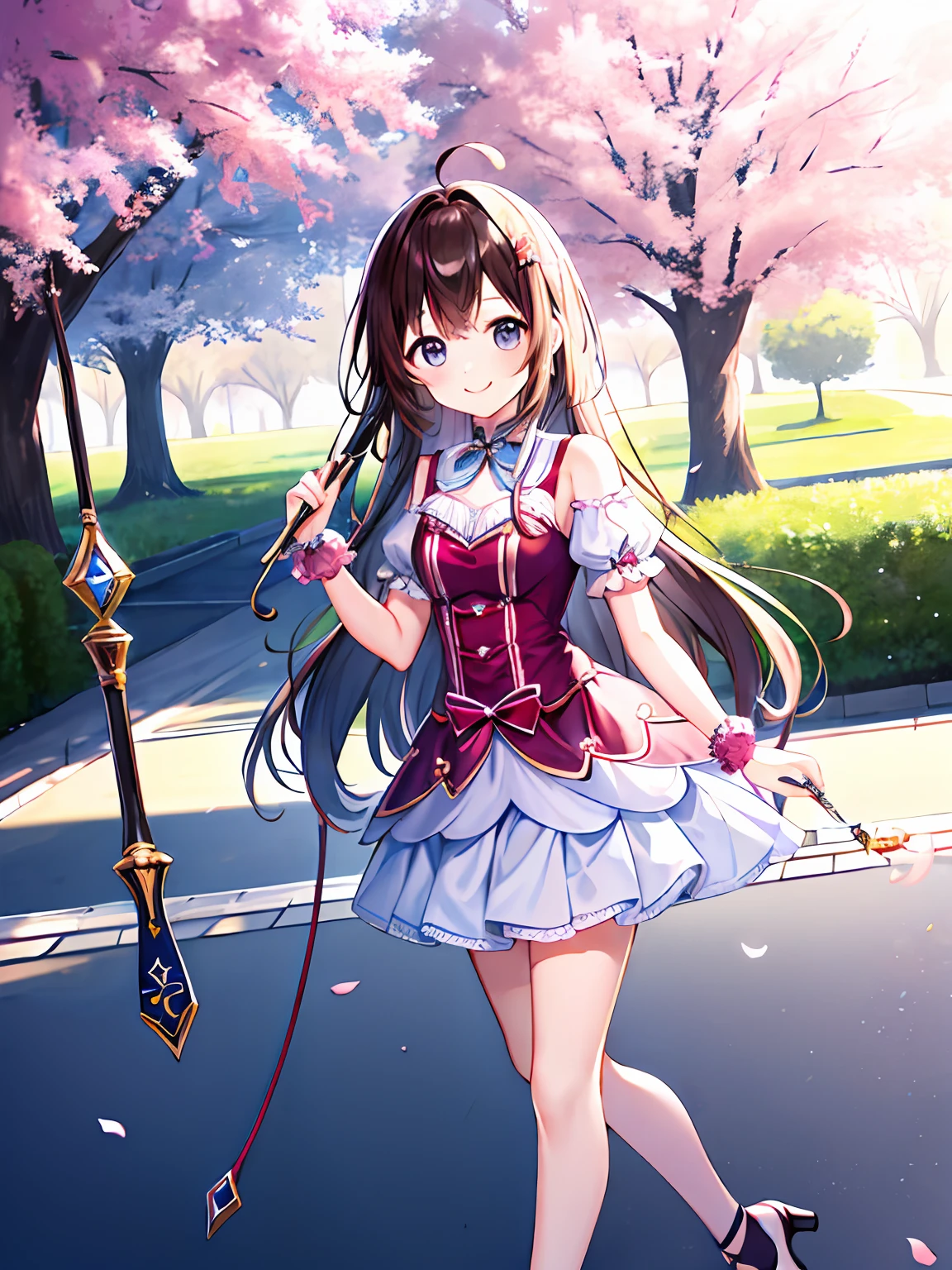 Underneath at the length of a piece of paper under the shoulder、Hair color is blue、The place is a park、Have a walking stick、The is standing、moumagical girl、babes、soio、Smiling、