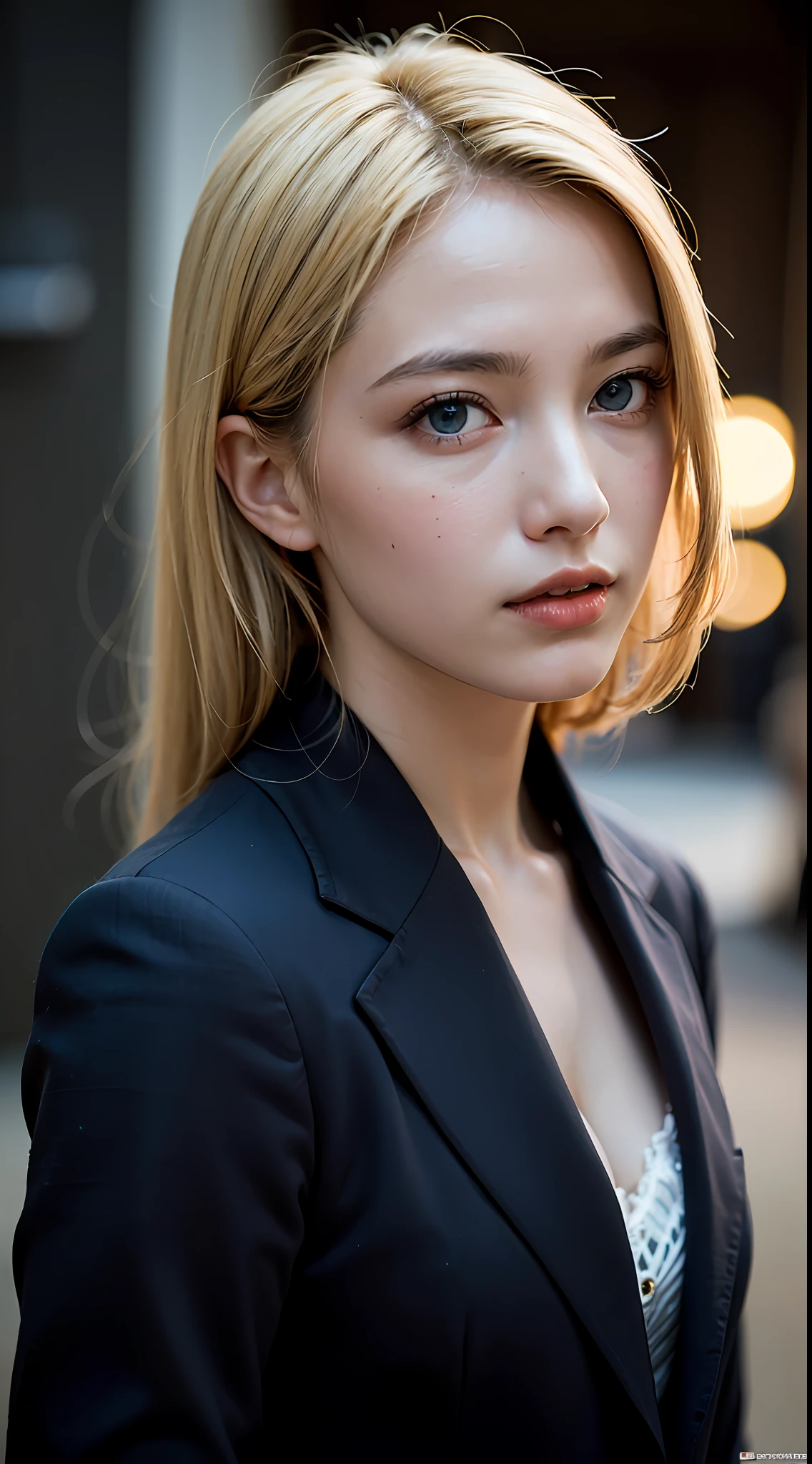 Best quality, masterpiece, ultra high res, (photorealistic:1.4), raw photo, 1girl, blonde hair, blue eyes, detailed eyes and face, black suit, dynamic lighting, in the dark, deep shadow, low key, cowboy shot full-lenght body