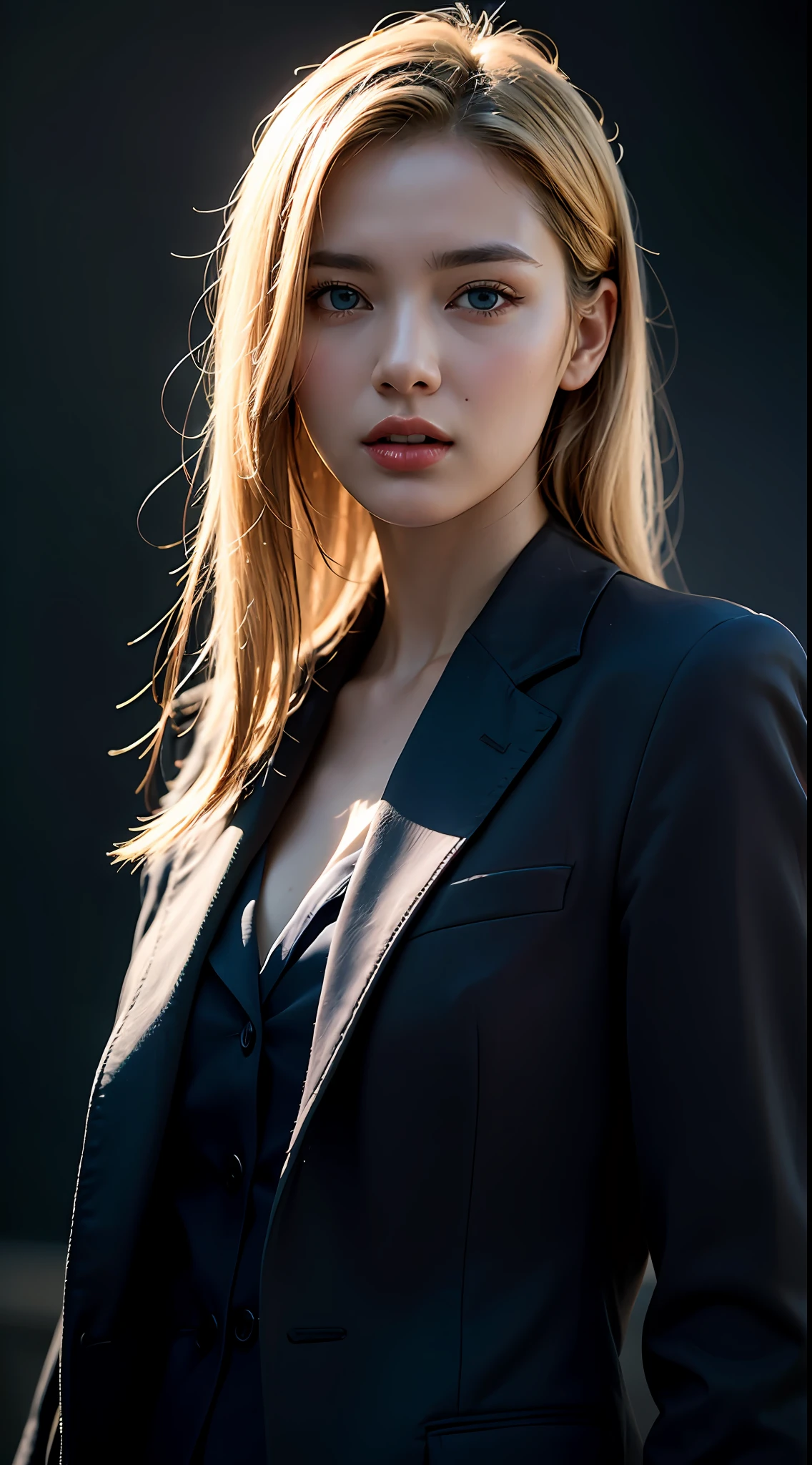 Best quality, masterpiece, ultra high res, (photorealistic:1.4), raw photo, 1girl, blonde hair, blue eyes, detailed eyes and face, black suit, dynamic lighting, in the dark, deep shadow, low key, cowboy shot full-lenght body