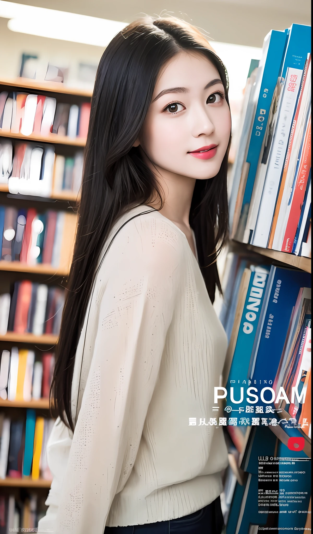 (Masterpiece: 1.2), (Ultra Detail: 1.0), 25 Year Old Girl, Tareme, Slim, Room, Looking at the Audience, No Makeup, Blurred Background, Bookstore, Student: 1.0, (Shot like a magazine cover: 1.0), (No text needed:1.3)