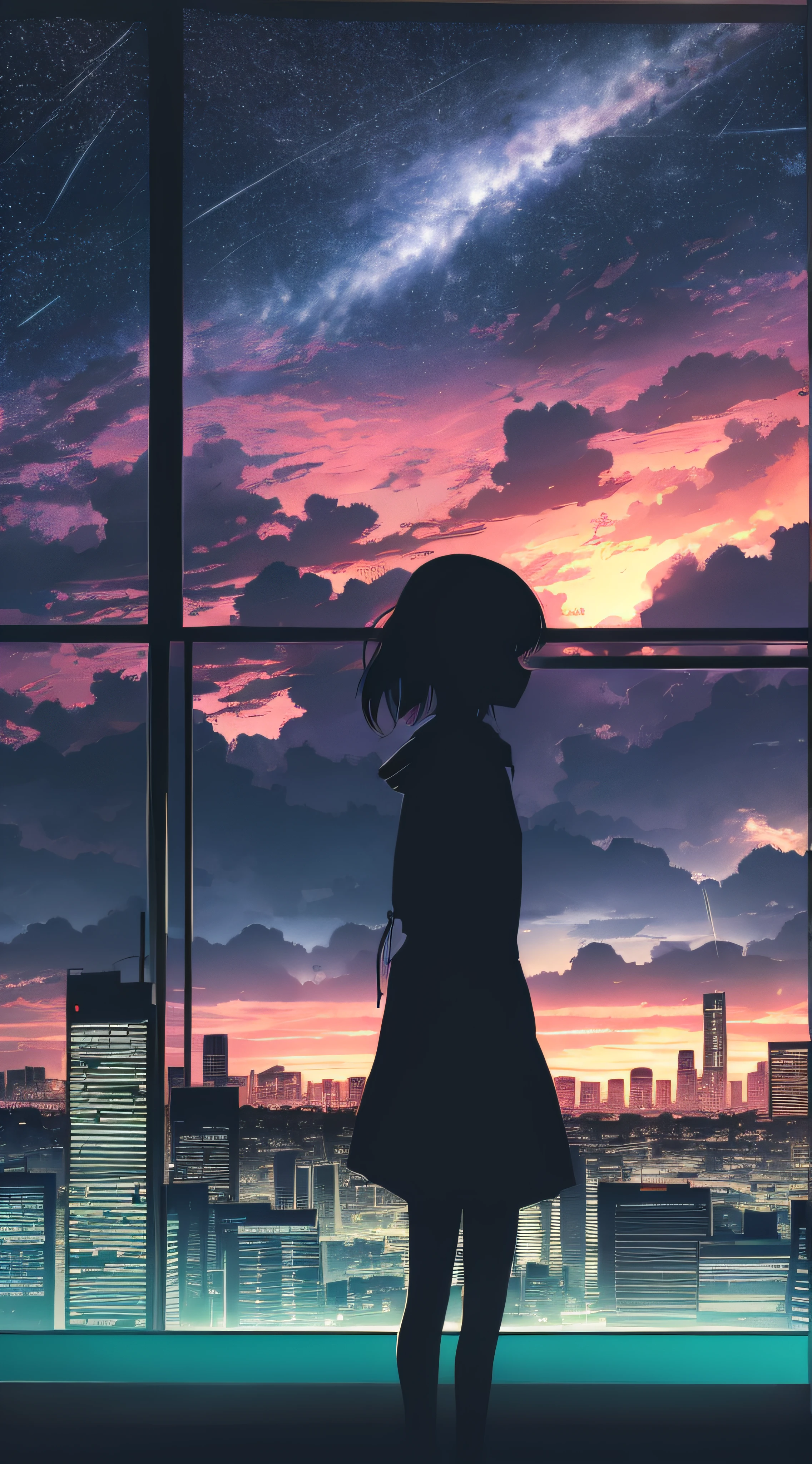 anime,silhouette,1girl, star (sky), cloud, cityscape, building, city, outdoors, skyscraper, city lights, night, night sky, sunset, skyline