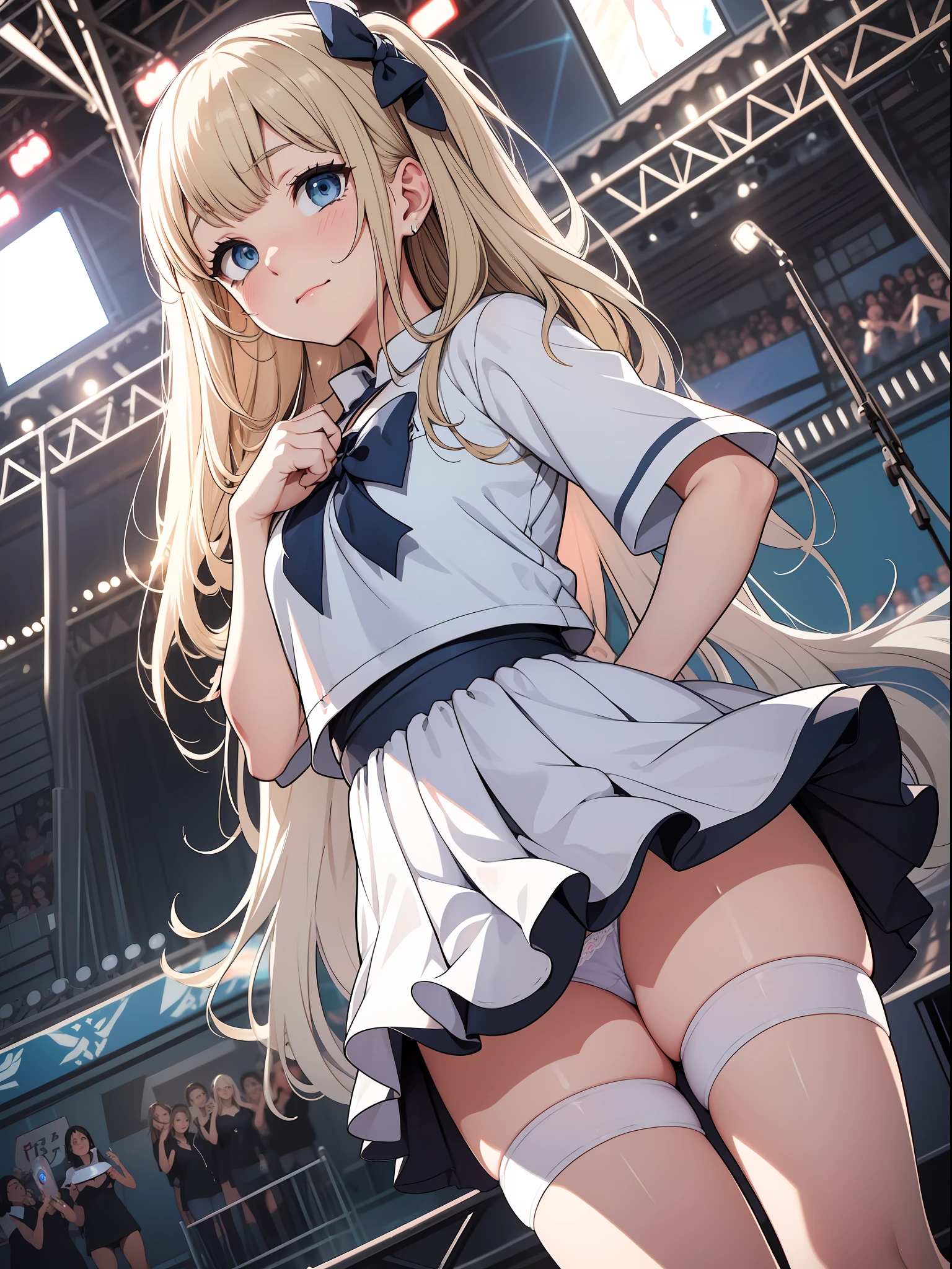 Top quality ultra-detailed CG art、Single、a blond、Blue eyes、Infant body type、16 yrs old、Mini skirt in light blue color、(White panty:1.2)、Embarrassed face、cheer girl、jumpping、stage、