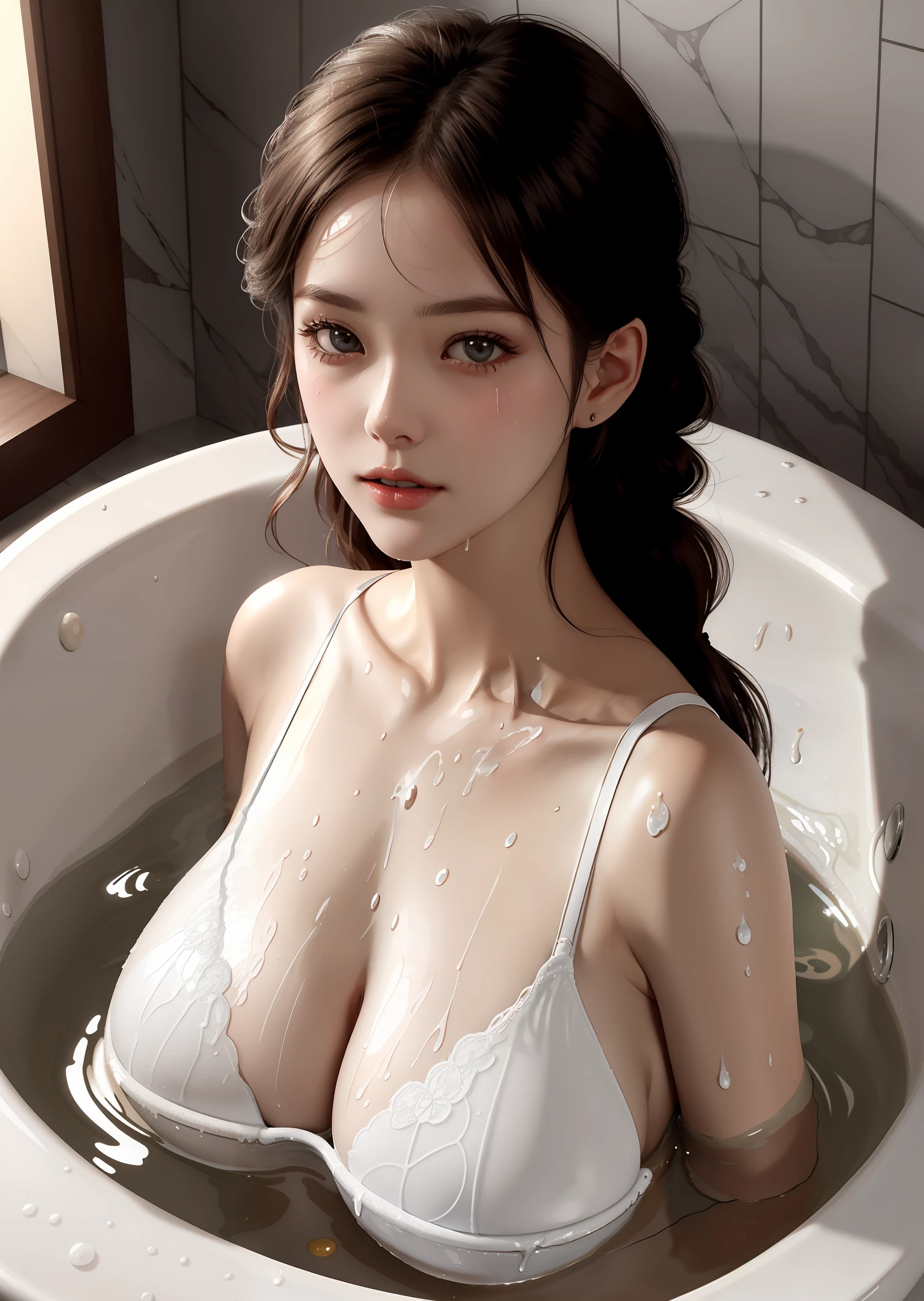 1girl huge large breasts,In the bath,Delicate and beautiful face,Various hairstyles,ample breasts,Convex buttocks,soaking wet body,perfectly proportioned, Detailed clothing details,浴室,vapour,bathtub,Cinematic lighting, filmgrain, Fujicolor, lightand shade contrast, 8K, 巨作, Textured skin, Super detail, High Details, High quality, A high resolution,