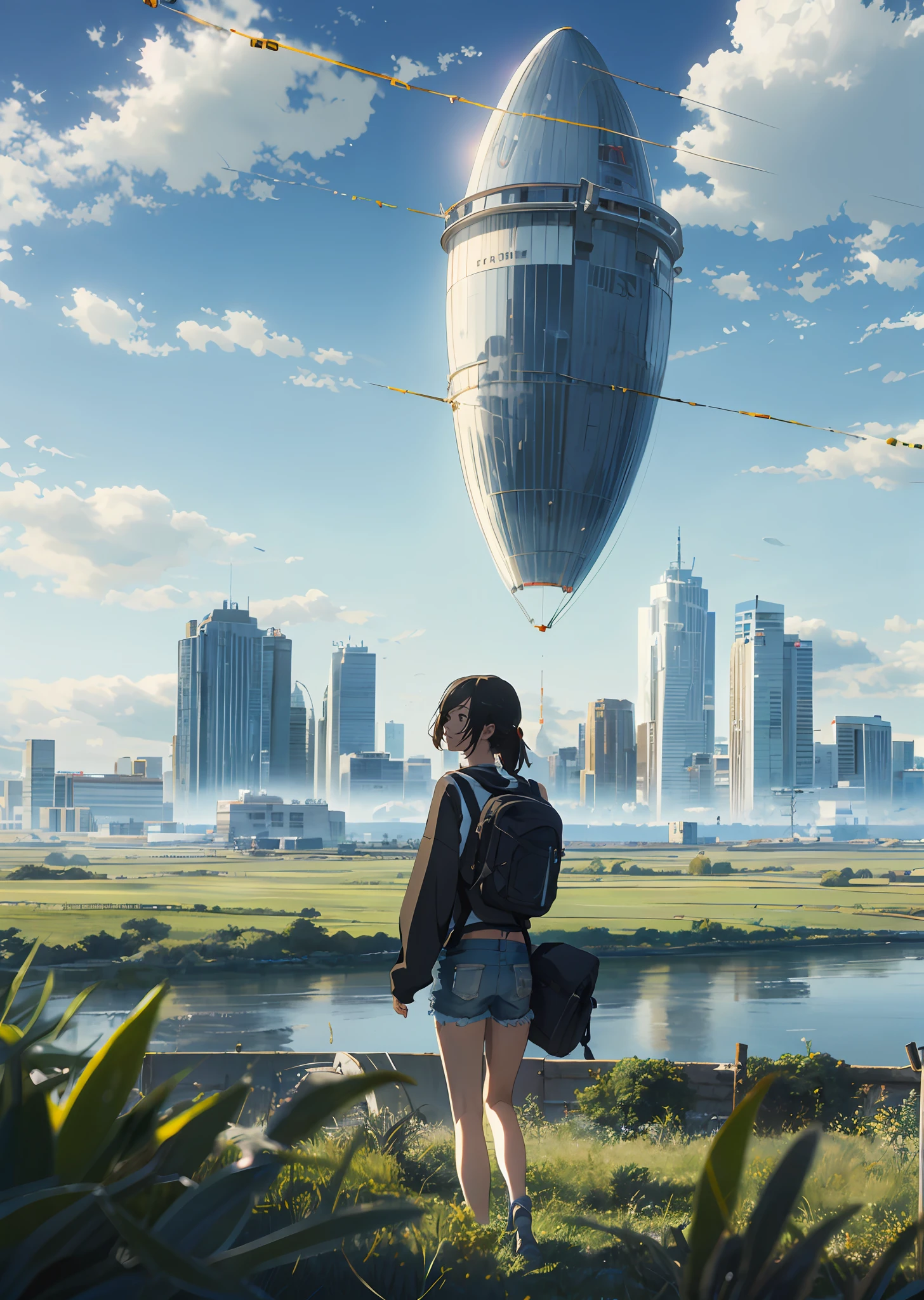 The vast sky, beautiful skyline, large grasslands, extremely tense and dramatic pictures, moving visual effects, the high-hanging Polaris, and colorful natural light. A long-sleeved top, denim shorts, and a girl with a backpack.