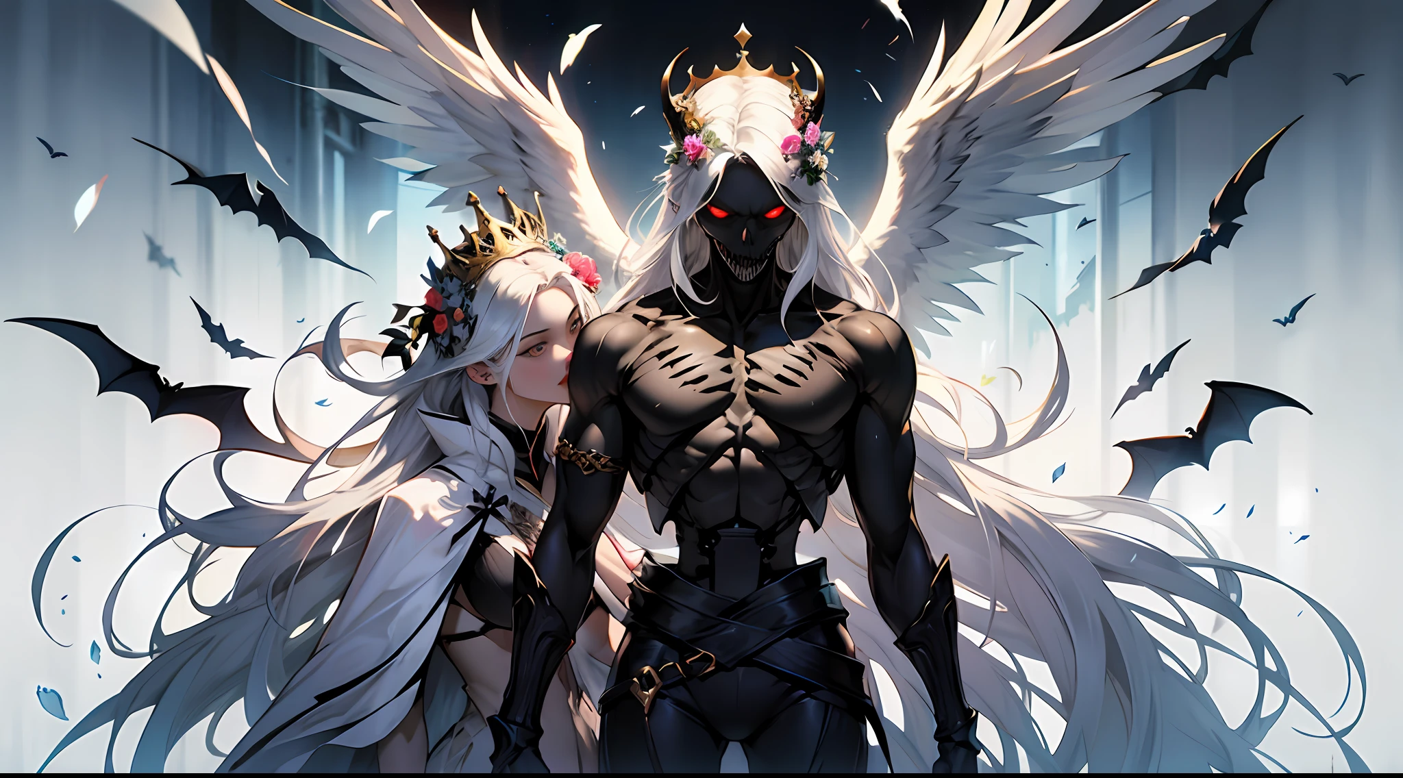 twins，2girls，（An angel，Golden crown，White feathers），（A devil，Skeleton Crown，Black bat wings），Heaven and hell coexist，（（Half blooming flowers，Half withered flowers）），Wings，Quantum entanglement，（（Hyper-realistic）），offcial art，​masterpiece，high qulity，super-fine，16K resolution，
